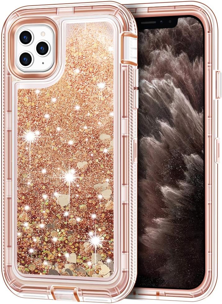 Anuck Case for iPhone 11 Pro Max Case (6.5 inch), 3 in 1 Hybrid Heavy Duty Defender Armor Sparkly Floating Liquid Glitter Protective Hard Shell Shockproof Anti-Slip TPU Bumper Cover - Rose Gold