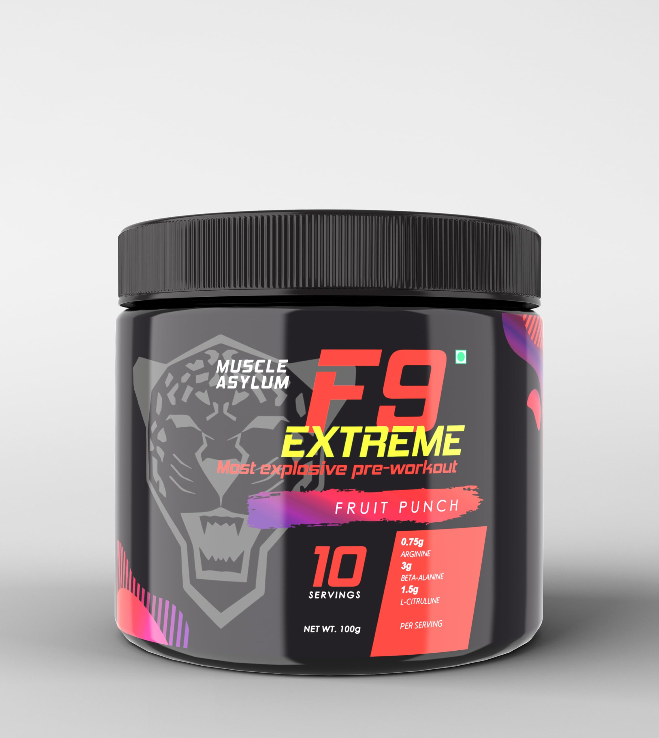 Muscle Asylum F9 Extreme Pre-Workout Energy Supplement | High Caffeine + Beta Alanine + EAA- Creatine Free - 10 Servings, 100gm, (Fruit Punch, 10)