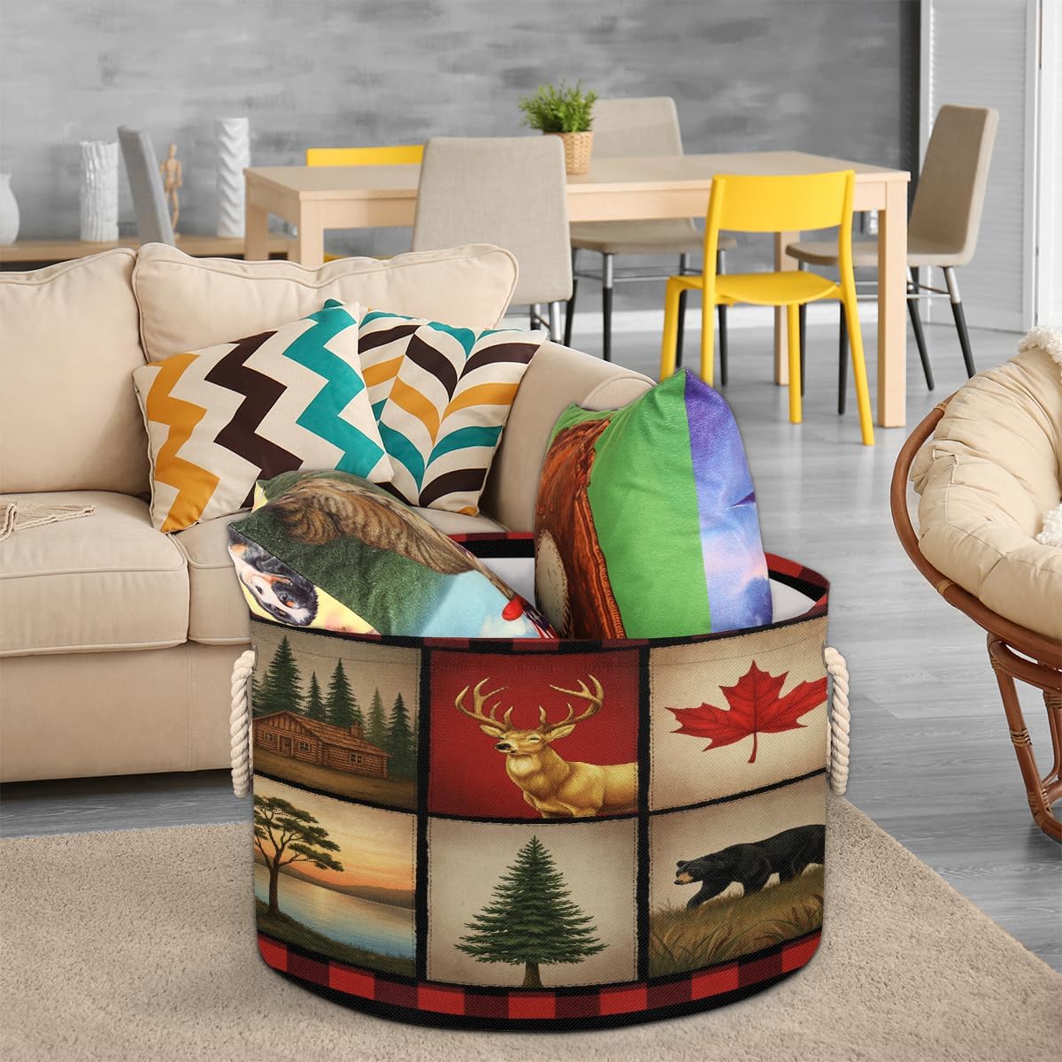 Large Storage Baskets - Retro Cabin Deer Nursery Round Collapsible Organizer Bin Box, Laundry Hamper for Kids Toys, Blanket, Bedroom Living Room Home Decor, Gift Basket, 19.4"x13.3"