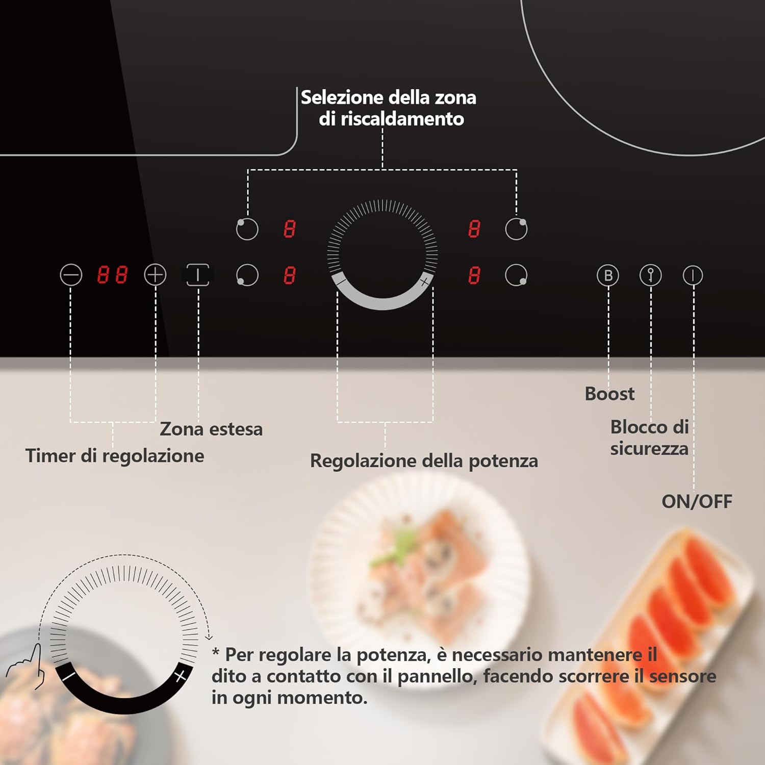 Diagram of the induction cooktop's touch control panel, indicating functions like timer, extended zone, power adjustment, boost, safety lock, and ON/OFF.