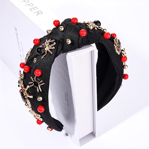 Miniatura 4 de ZITULRY Diadema de Halloween para mujer, diseño de araña, caramelo, maíz, cristal, adornado con nudo superior ancho, diadema anudada con diamantes