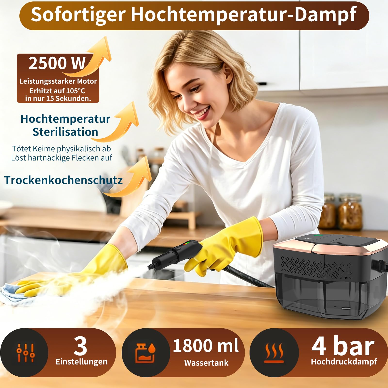 Dampfreiniger Handgerät, 2500W Handdampfreiniger mit Stufengriff, 8 Düsen, 1,8L Tank, 3 Dampfstufen, 4 BAR Hochdruck, 15S Heizzeit 105℃, Tragbarer Dampfreiniger für Auto Küche Bad Polster BBQ