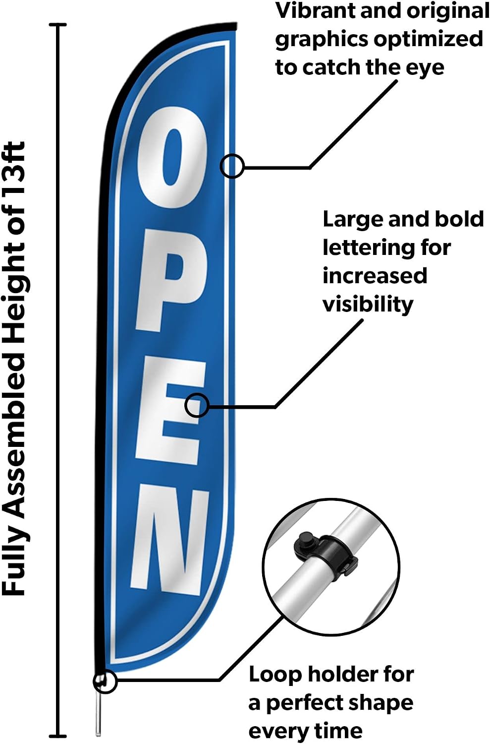 LookOurWay 12-Feet Tall Open Themed Feather Flag Banner for Business Advertising 3-Pack, Includes 3 Banner Flags, 3 Fiberglass Pole Sets, and 3 Ground Spikes (Open 10M1200104, 10M1200105, 10M1200106)