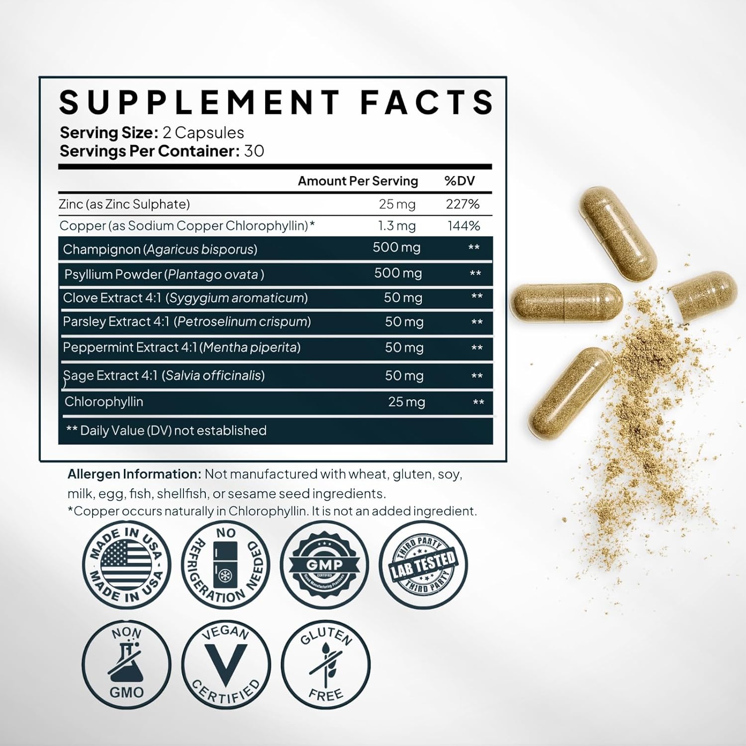 Zenmen Natural Body Odor Pills - Chlorophyll Capsules & Zinc - Internal Deodorant Supplement for Men & Women - Supports Whole Body Freshness & Digestive Comfort - 60 Veggie Capsules Made in USA