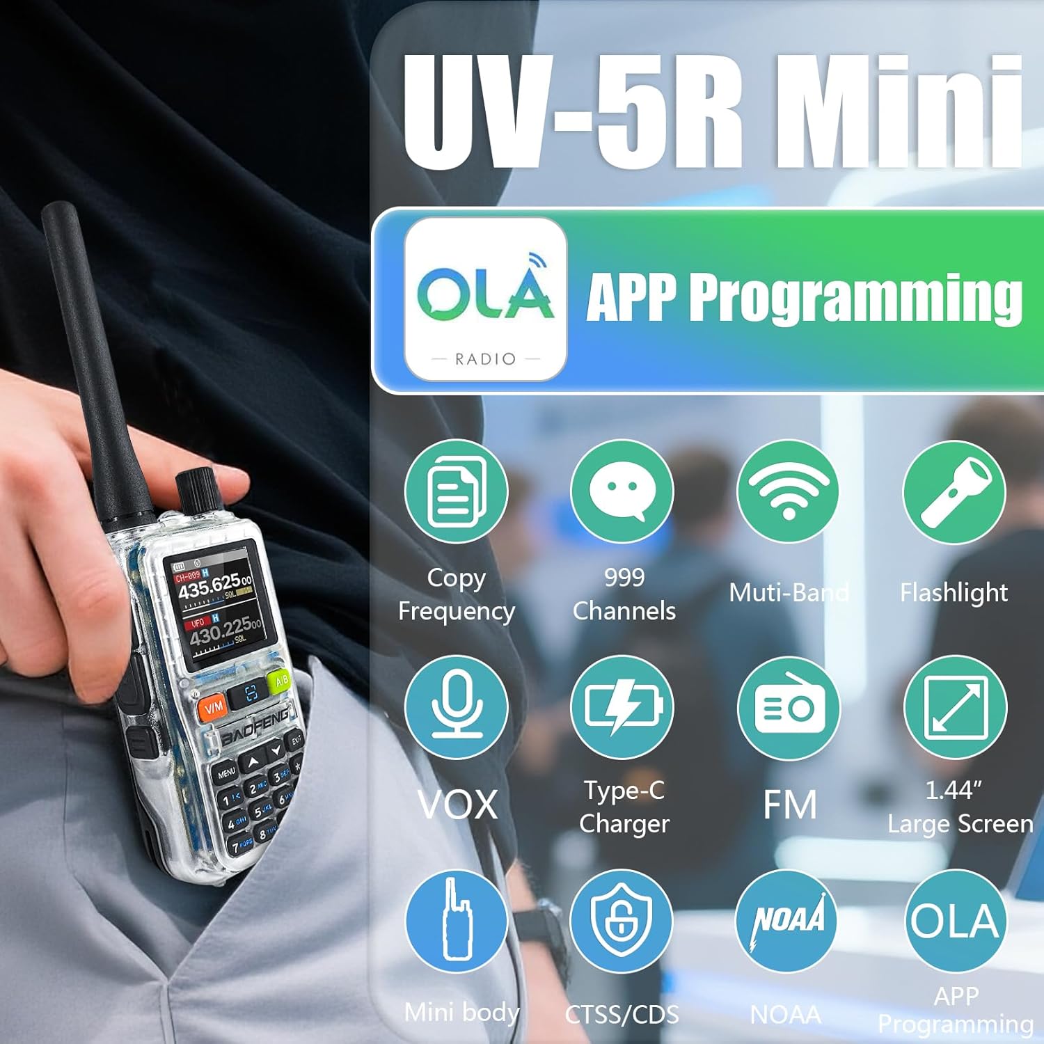 BAOFENG UV5R Mini Transparent Two-Way Radio,Dual Band Ham Radio,5W High Power,App Programming,USB C Charging,999 Channels,NOAA Weather,with Earpiece & Transparent Antenna (1 Pack)