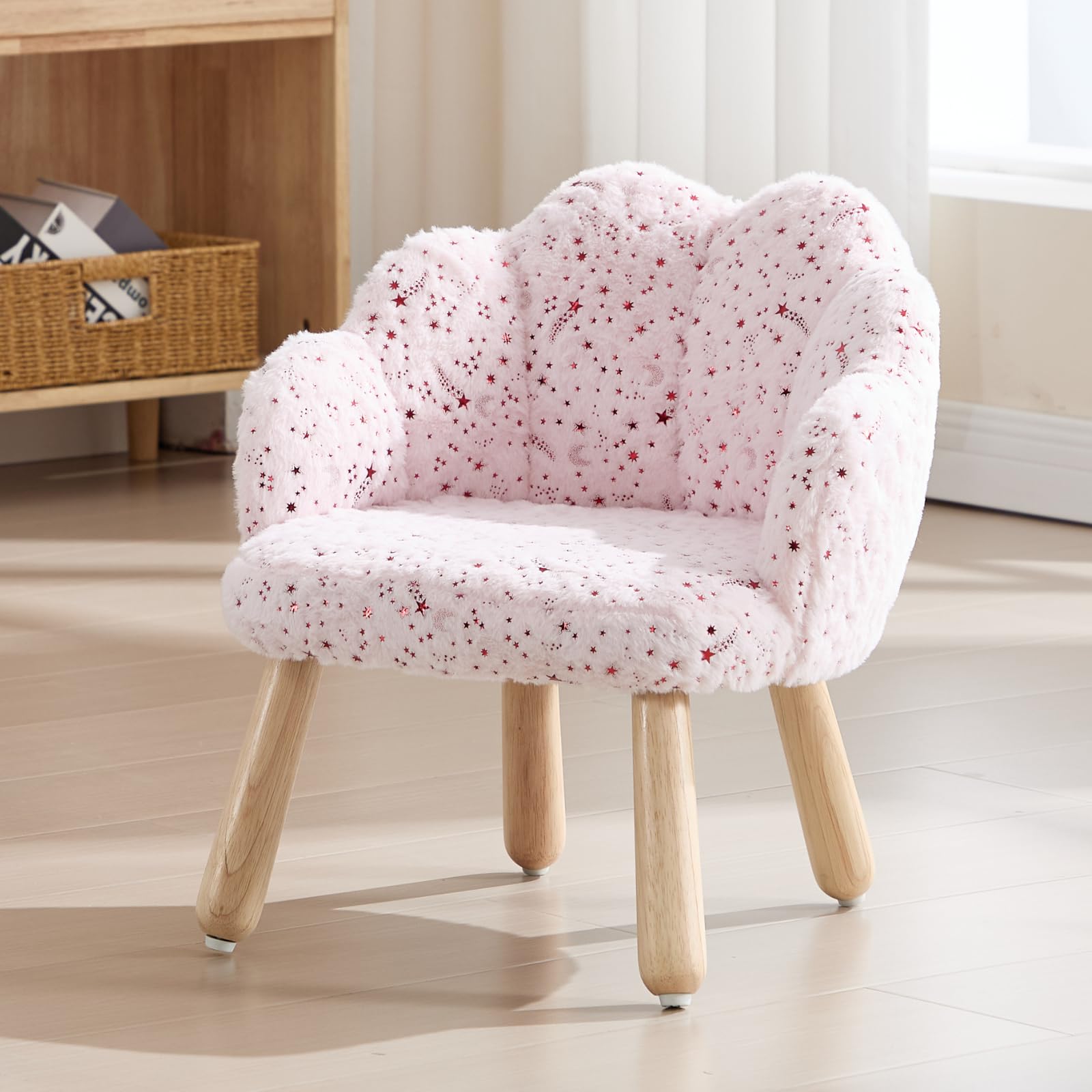 Sedia Carina per Bambini in Pelliccia Poltroncina per Bambini con Schienale a Petali Divanetto Bambino in Legno per Camera da Letto/Soggiorno/Sala Giochi, Rosa