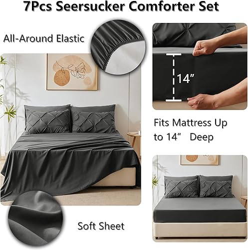 Miniatura 4 de CozyLux Juego de edredón Queen de 7 piezas, edredón tamaño Queen, color gris oscuro, ropa de cama con pliegues grises con edredón para todas las