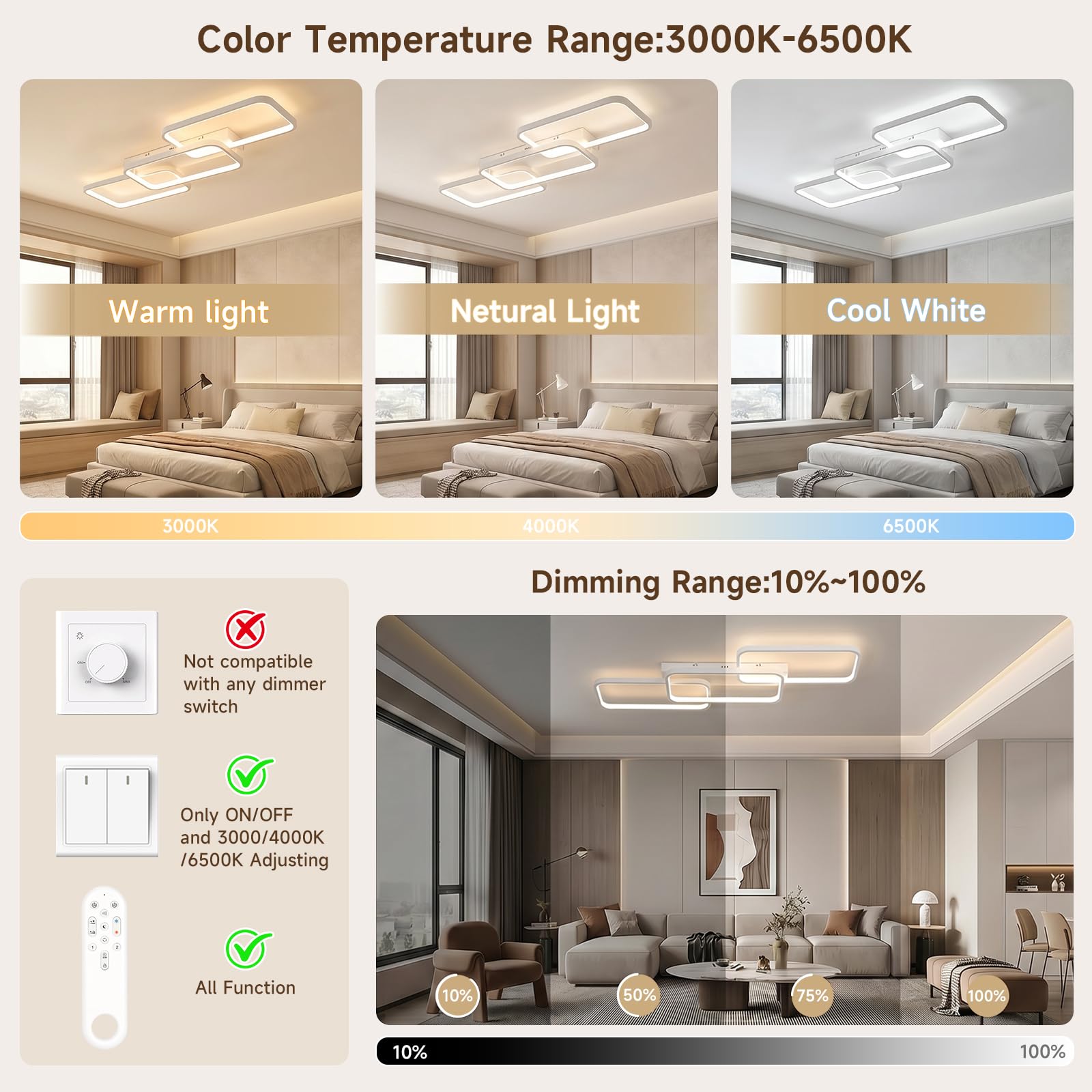 OTREN Lampa sufitowa LED 60 W, 6000 lm, regulowana za pomocą pilota 3000 K, 6500 K, pamięć i blokada, lampka nocna i timer do salonu, sypialni, kuchni, 82 cm
