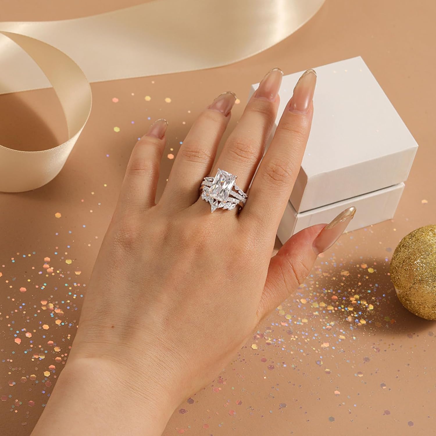 Jeulia 3PCS Radiant Cut Halo Engagement Ring Set for Women, Sterling Silver Bridal Set with 6.93CT Diamonds, Wedding Band with Gift Jewelry Box