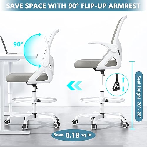 Miniatura 51 de Silla de dibujo alta con anillo reposapiés para el hogar y el trabajo, silla ergonómica de oficina para el hogar con brazos abatibles y soporte