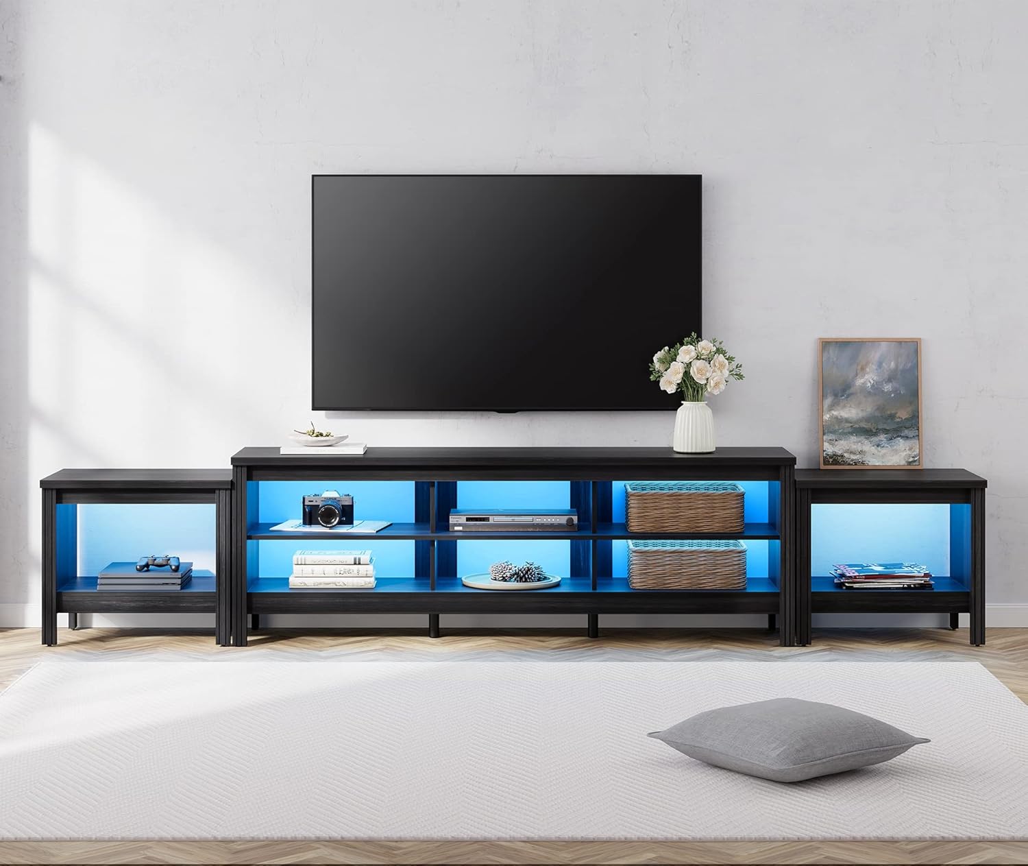 WAMPAT Large TV Stand for 85 Inch TV with LED Light, Wood