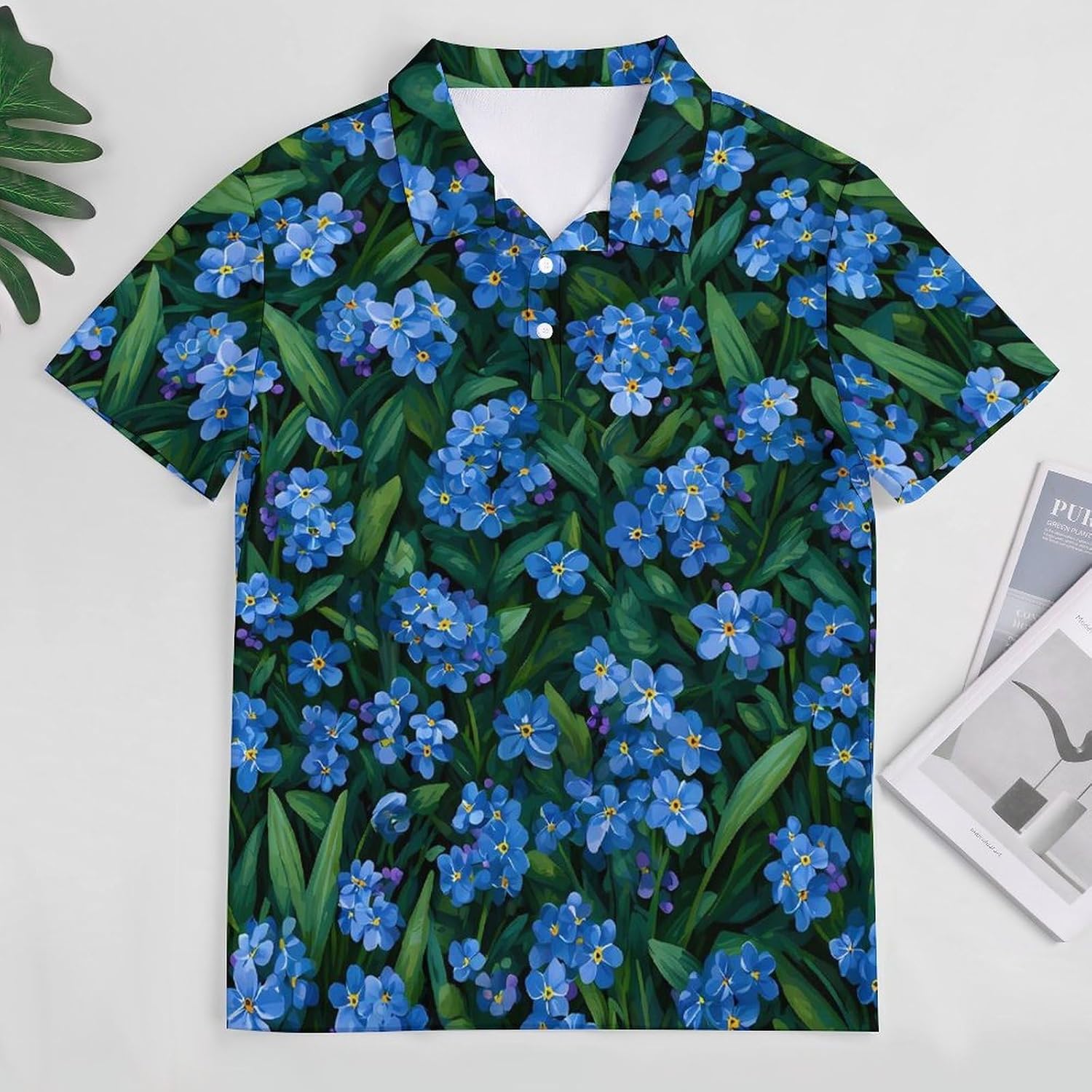 Floral Forget-Me-Nots Green Grass Men's Polo Golf Shirts Collared T-Shirt | short sleeve,three button,quick dry,machine washable,summer tee top