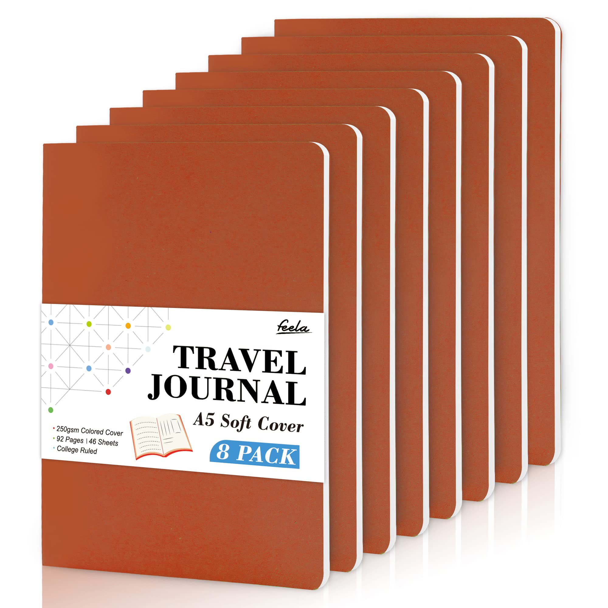 feela 8 Pack Soft Cover Journal Bulk, Notebooks College Ruled for Work, Lined Travel Journal for Women Men, Note Taking Notebook School Supplies