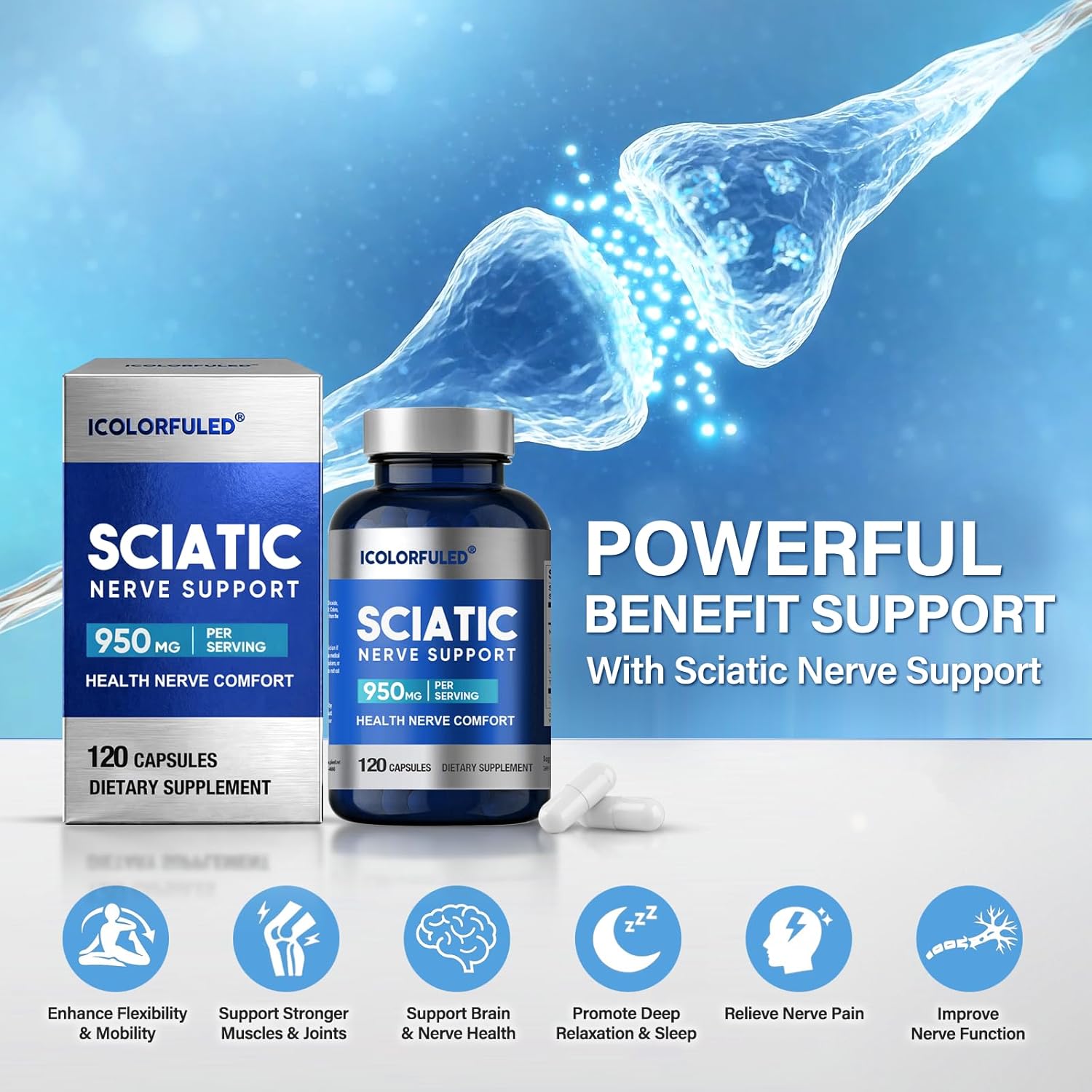 Sciatic Nerve Capsules, Nerve Support Supplement with 300mg Alpha Lipoic Acid & B-Complex Vitamins, 120 Capsules for Hip, Hand, Leg & Lower Back Comfort