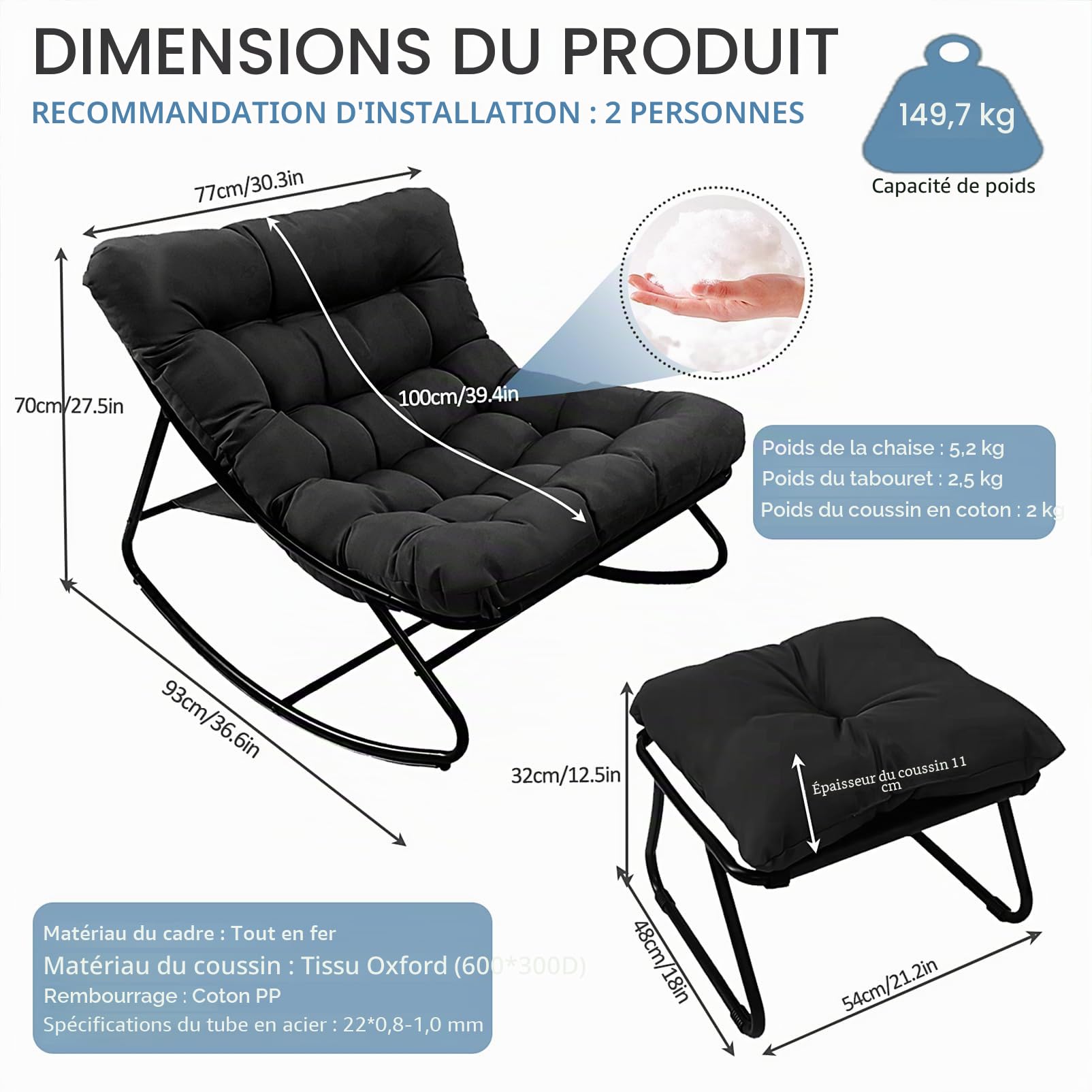 Fauteuil à Bascule Œuf avec Repose-Pieds - Charge 150kg Chaise a Bascule Surdimensionnée, Rocking Chair Coussin Confortable Utilisation Intérieur/Extérieur pour Salon, Jardin, Balcon (Noir)