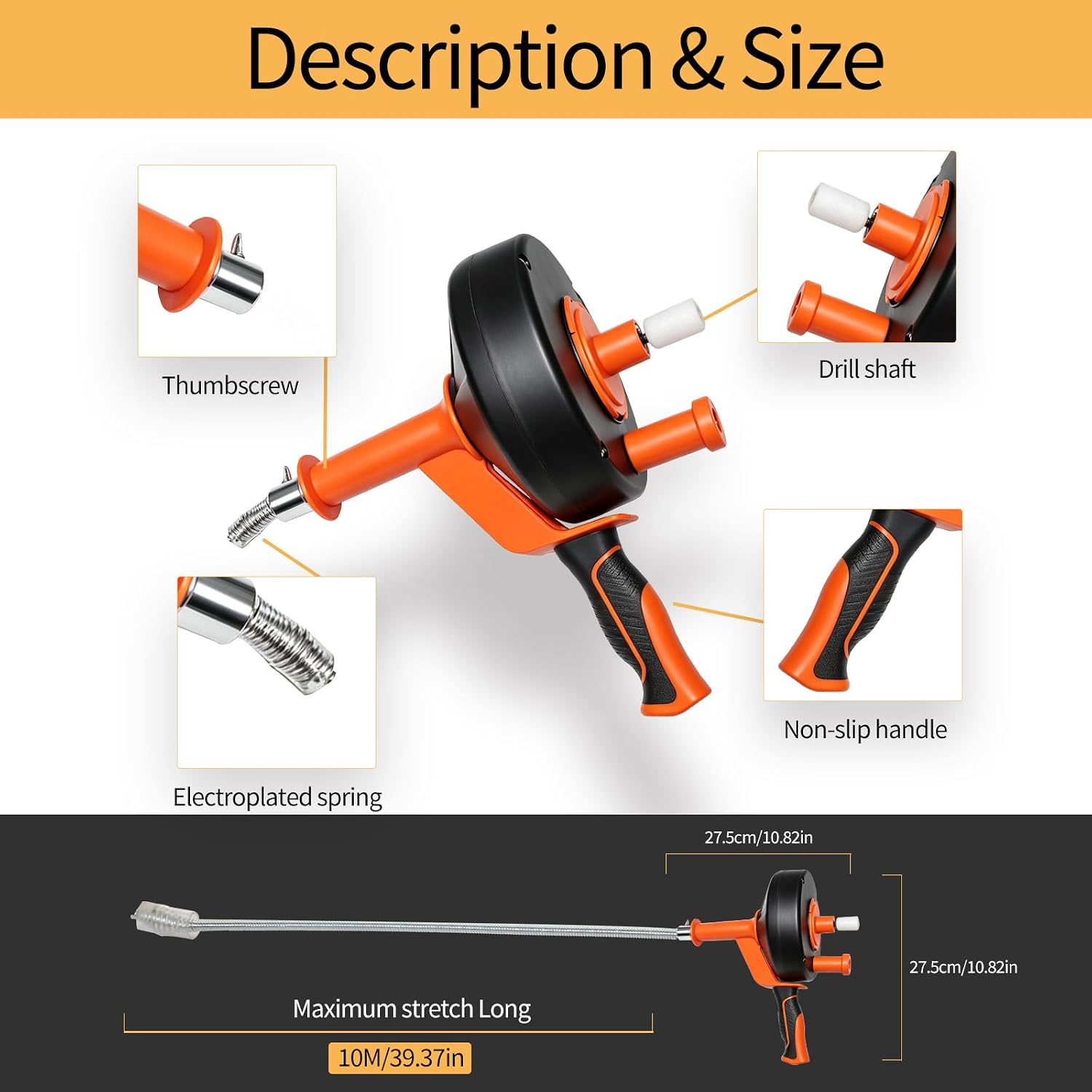 Drain Auger 33FT, Drain Snake with Drill Attachment, Flexible Plumbing Snake Clog Remover, Heavy Duty Manual Drain Cleaner Tool for Kitchen Bathroom Shower Sink, Includes Gloves & Cleaning Brush