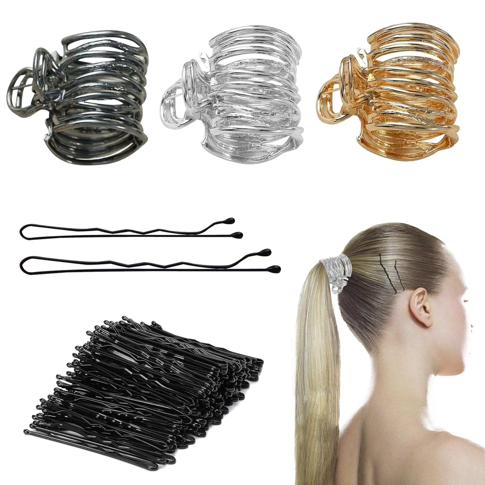 3 Piezas Pinzas Pelo Set, Pinzas de Pelo e 150 Horquillas para el Cabello, Pinzas Pelo Mujer, Accesorios para Peinados Metal Niñas