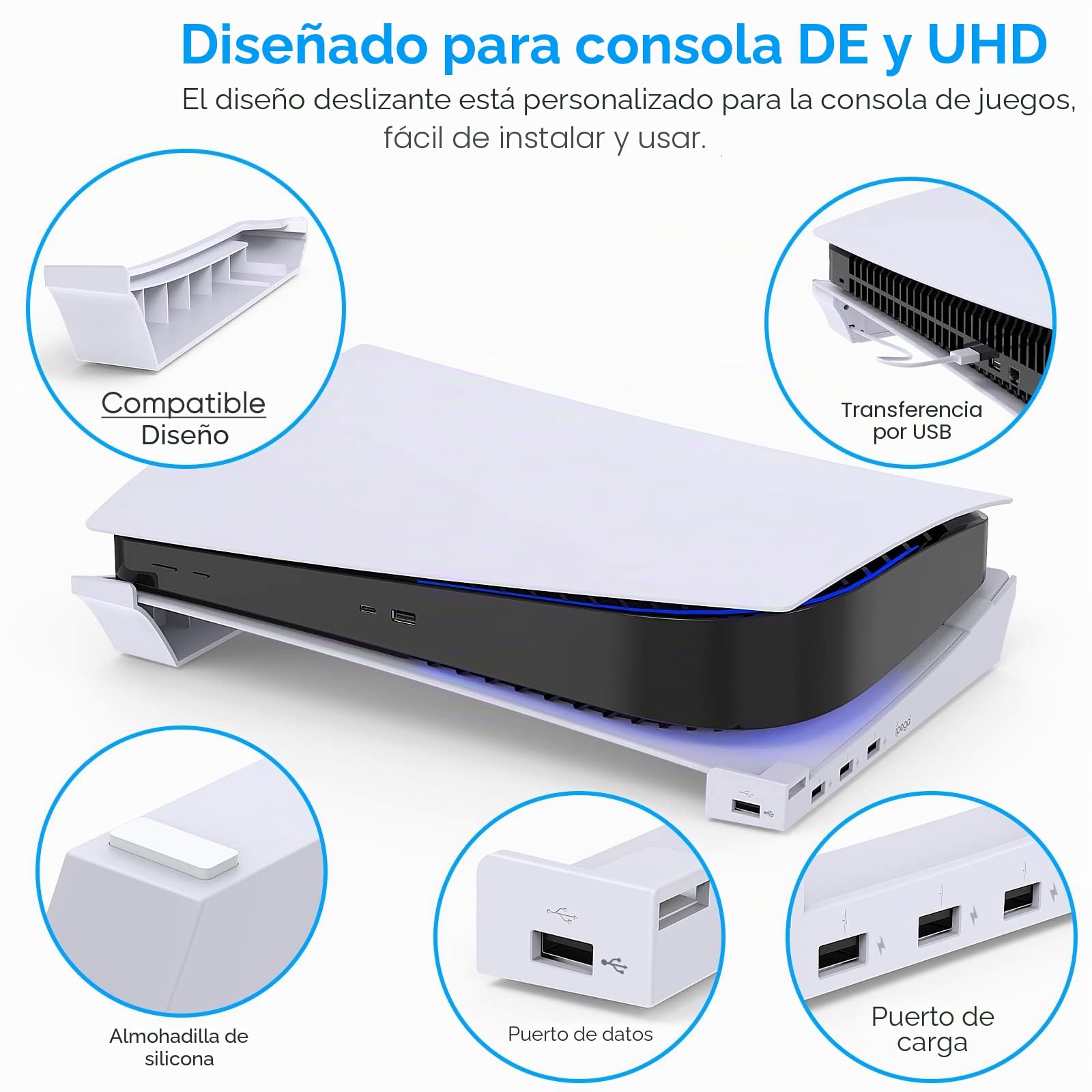 FYOUNG - Soporte Horizontal Compatible con PS5 Consola Disc & Digital Editions con Puerto USB extendido, Base de Soporte para Accesorios de Soporte PlayStation 5 con MADS Antideslizantes