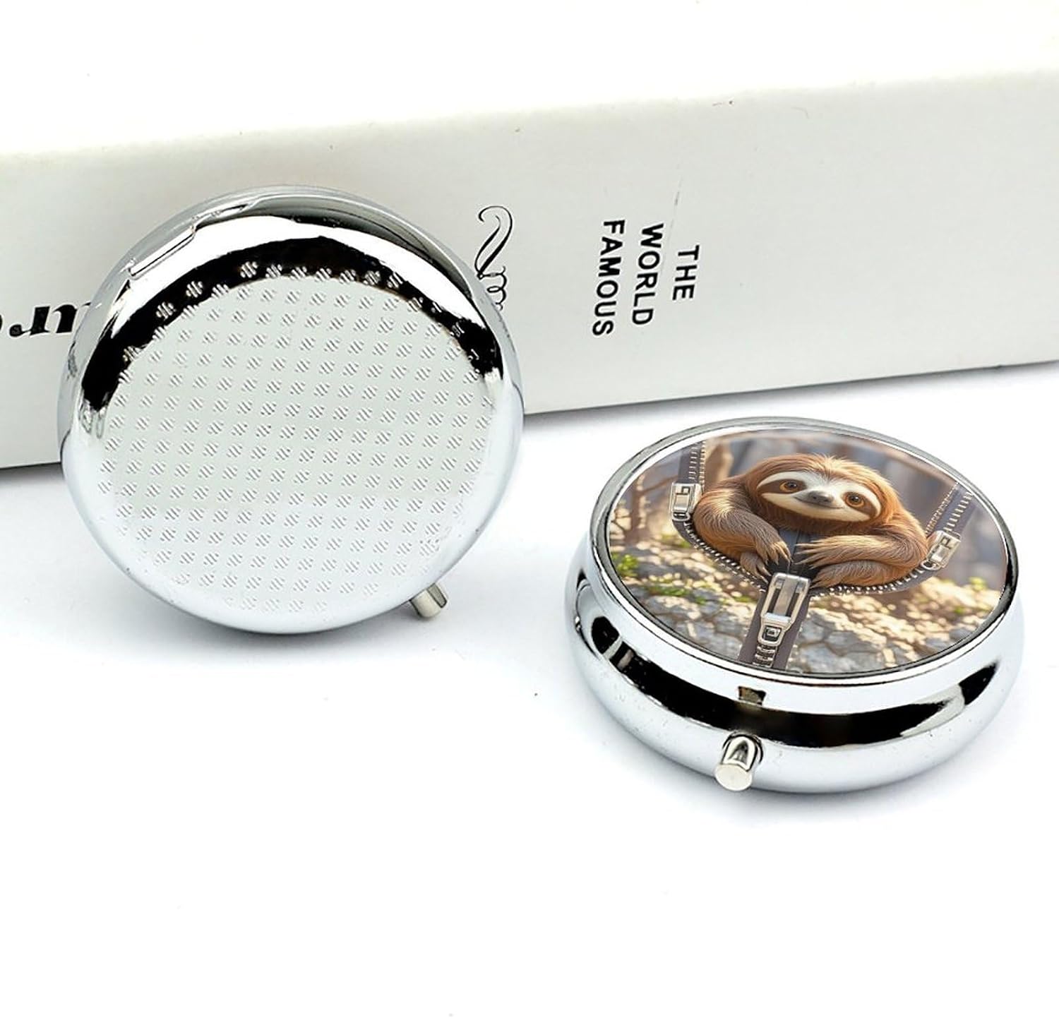 Sloth on Zipper Round Pill Box, Waterproof Medicine Organizer Box image 5