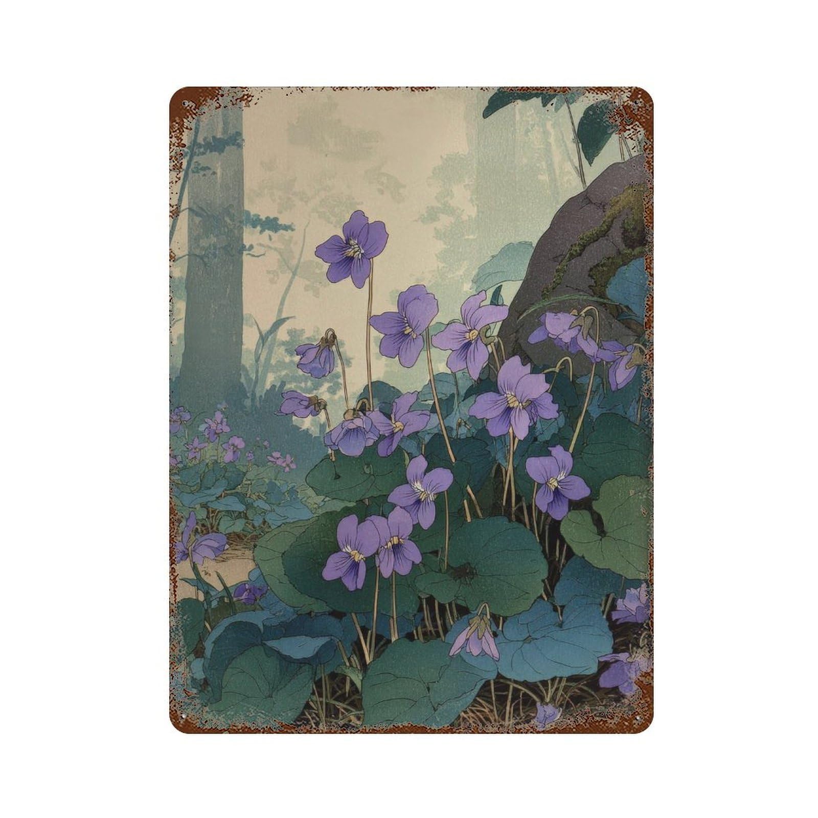 xiaoxiaoshen Violets Flowers. Japanese Woodblock Nature Botanical Wall Decor Art Metal Tin Poster Modern Home Decor Art Home Bar Shop Decorations Vintage Sign 40x30cm