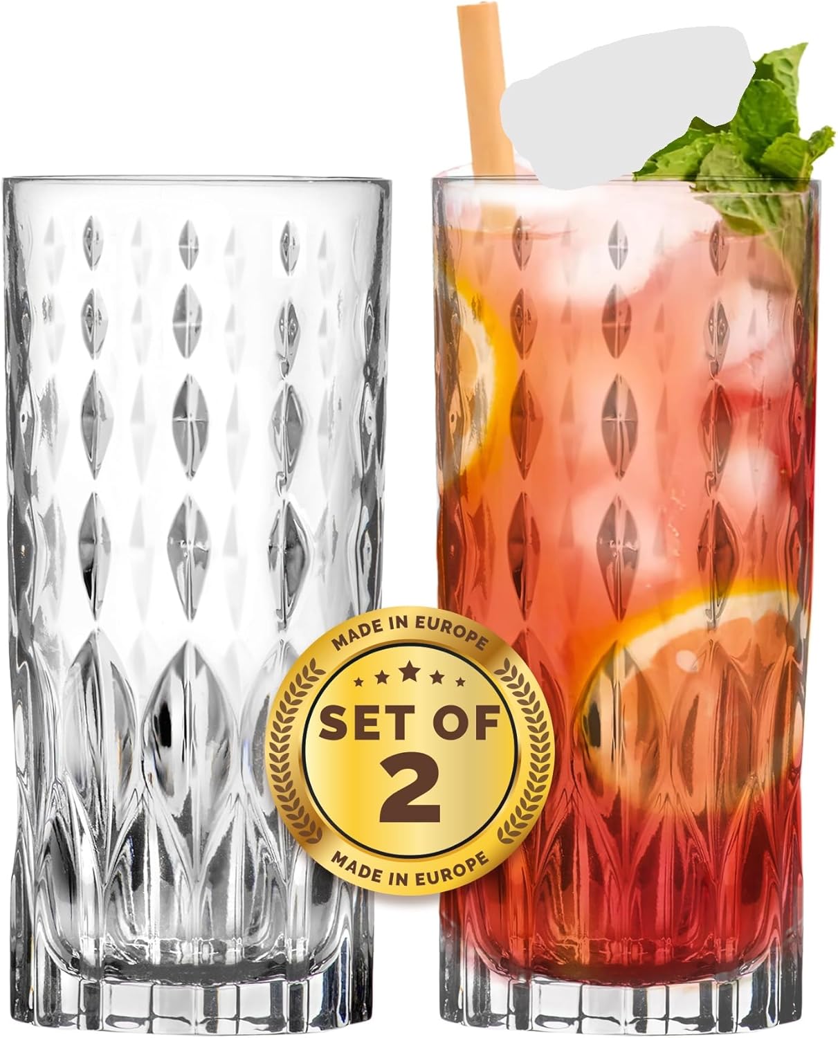 Barski Highball Glass - Drinking Glasses - Set of 2 - Hiball Tumblers - Glass Crystal Tumbler - for Water, Juice, Beer, Mixed Cocktails, Mojito Glass, Tom Collins Bar Glassware, 13 oz, Made in Europe