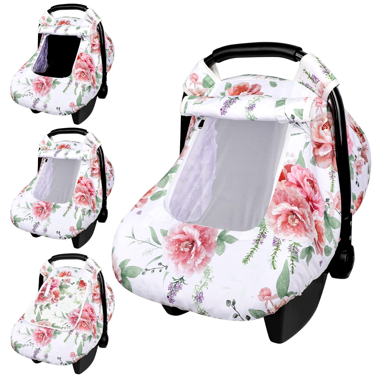 Baby Carseat Cover Girls, Pea Pod Floral Infant Car Seat Covers Canopy for Newborn with 2 Layers Windows of Breathable Mesh/Fabric, Lightweight