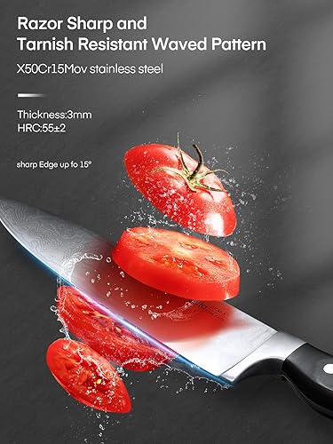 Miniatura 4 de D.Perlla - Juego de cuchillos de cocina de 7 piezas con afilador integrado, juego de cuchillos de acero inoxidable de alto carbono con patrón