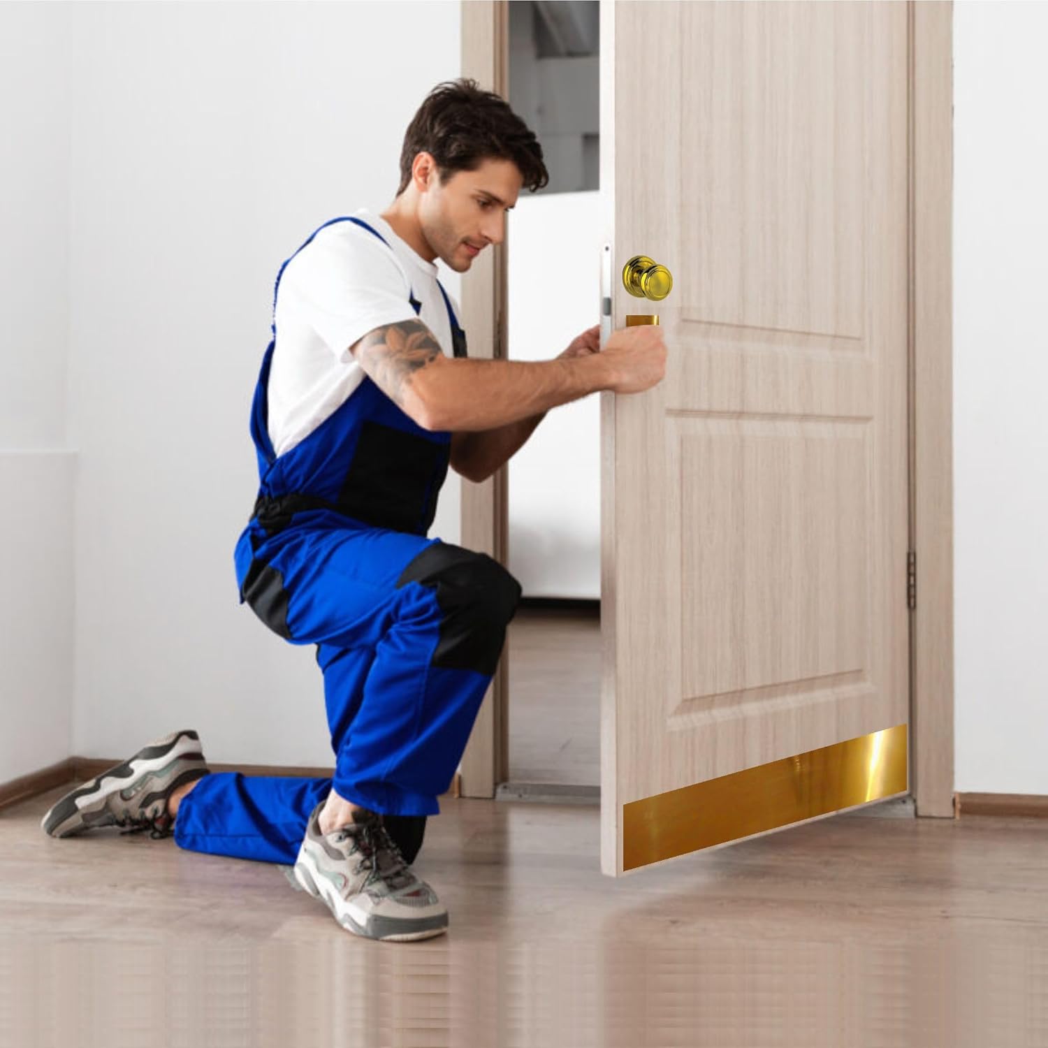 Deck the Door Decor Mop Protection Door Plate – Anodized Aluminum – ADA-Compliant Commercial Door Guard – Heavy-Duty Door Protection – Shiny Brass Adhesive Mount – 32 x 4