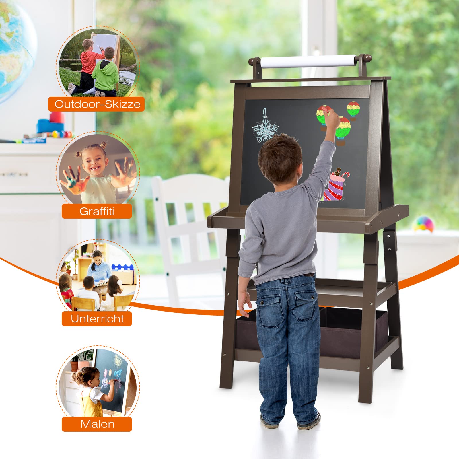 RELAX4LIFE 3 en 1 Pizarra Infantil, Caballete Pintura Niños con Rollo de Papel 5M, Caballete de Doble Cara con 3 Estantes, 2 Cajas, 2 Imanes y 2 Botes de Pintura, Regalo para Niños (Café)