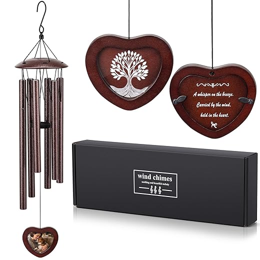 32 Inch Memorial Wind Chime Outdoor, w/Heart Shaped Photo Holder for Bereavement or Pet Remembrance, Wind Chimes for Loss of Loved One, Wind Chimes Outdoor for Porch, Garden, Cemetery - Bronze