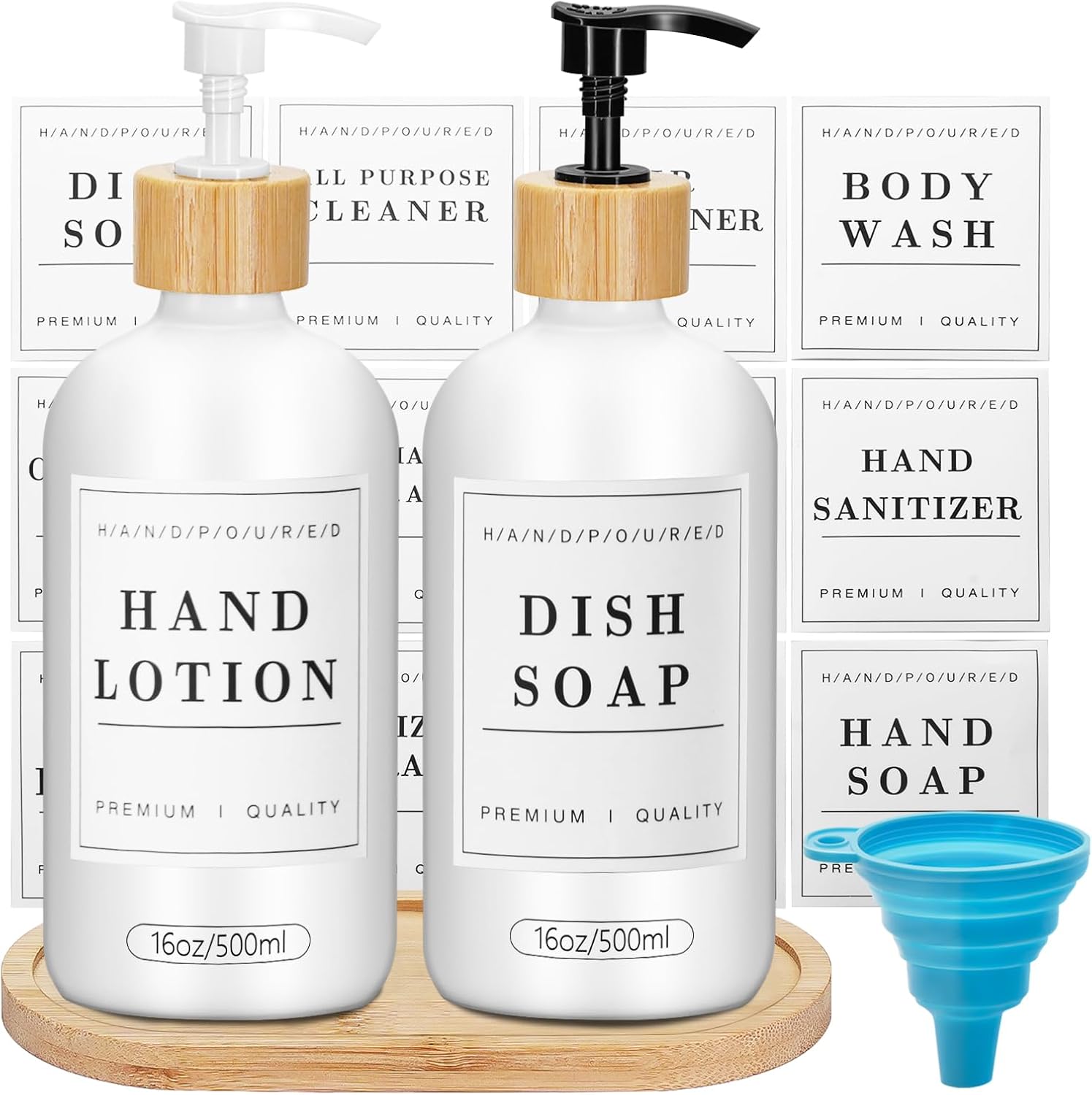 2 Pack 16 Oz Glass Soap Dispenser Set with Tray and Sticker, Hand Dish Soap Dispenser Set for Bathroom and Kitchen Bottle Dispenser with Dish Soap, Hand Soap, Lotion Sticker (White)