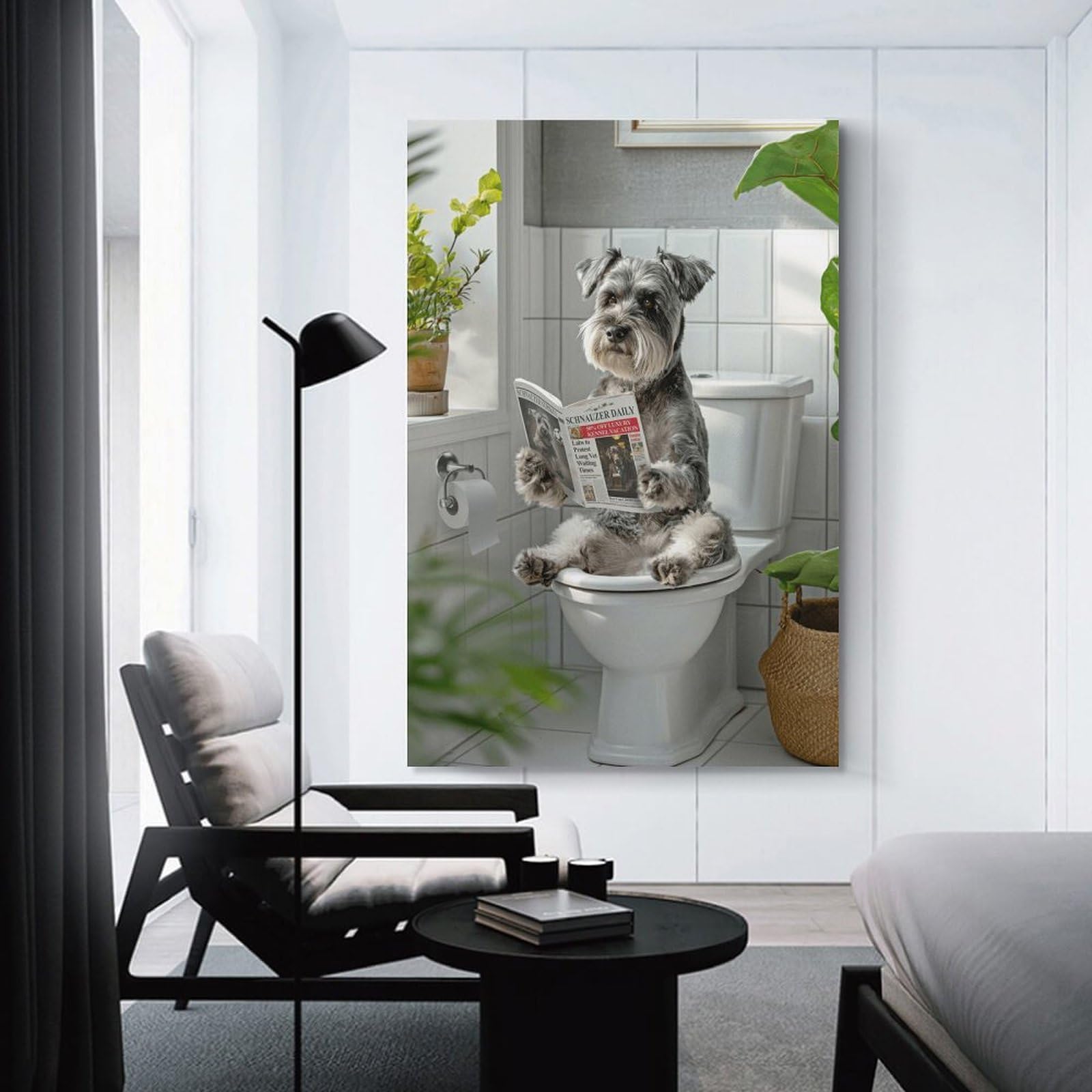 Junmoney Dog Reading Magazine on Toilet Wall Picture Print 24x36inch(60x90cm), for Lounge Decor, Offices Or Entryway Styling, Versatile Wall Decor for Many Rooms