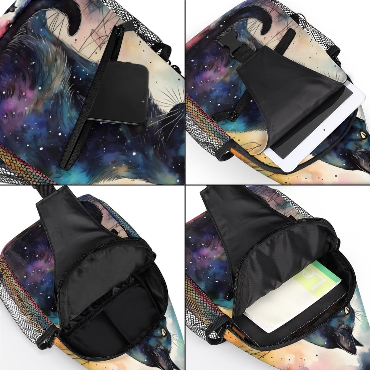 Black Cat Crossbody Sling Backpack Sling Bag, Small Chest Bag Daypack Fanny Pack Cross Body Bag for Hiking Traveling Outdoors, Starry Sky Stars