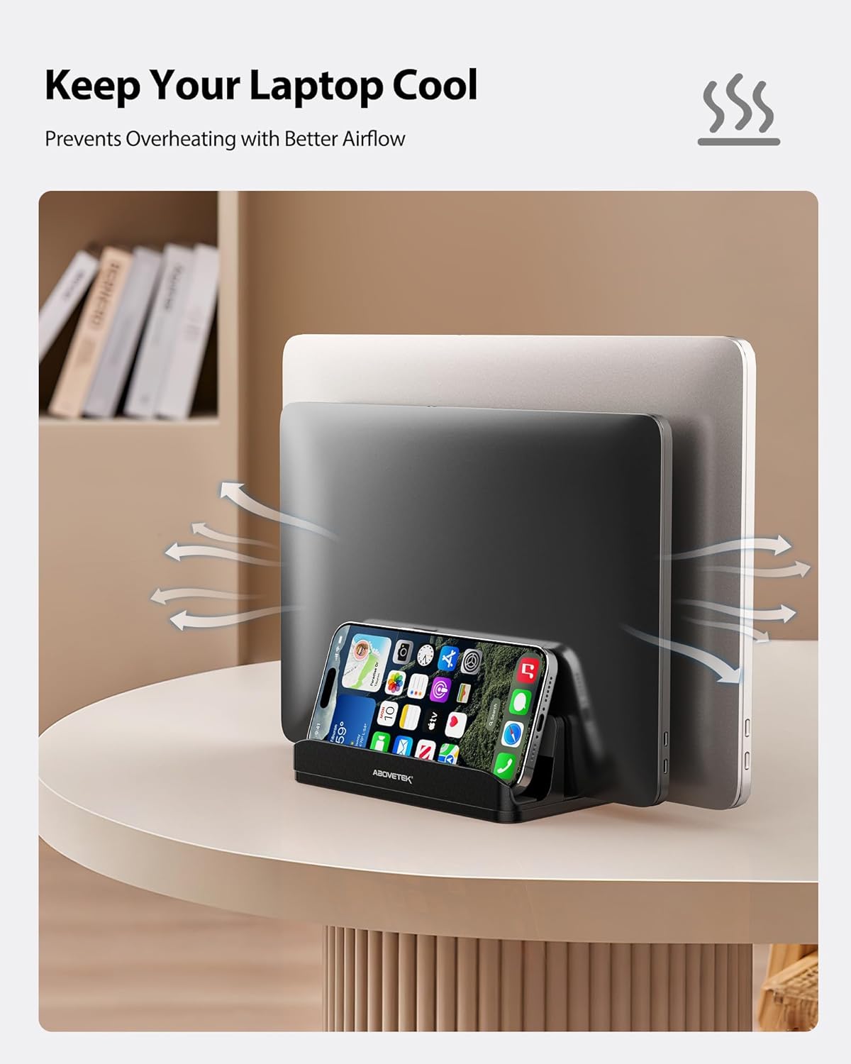 AboveTEK Vertical Laptop Stand Holder, 3 Slots Aluminum Desk Stand with Adjustable Dock Size for Tablet, MacBook, Phone - Universal Fit (up to 17.3") - Heavy Duty Polished, Anti Slide - Black