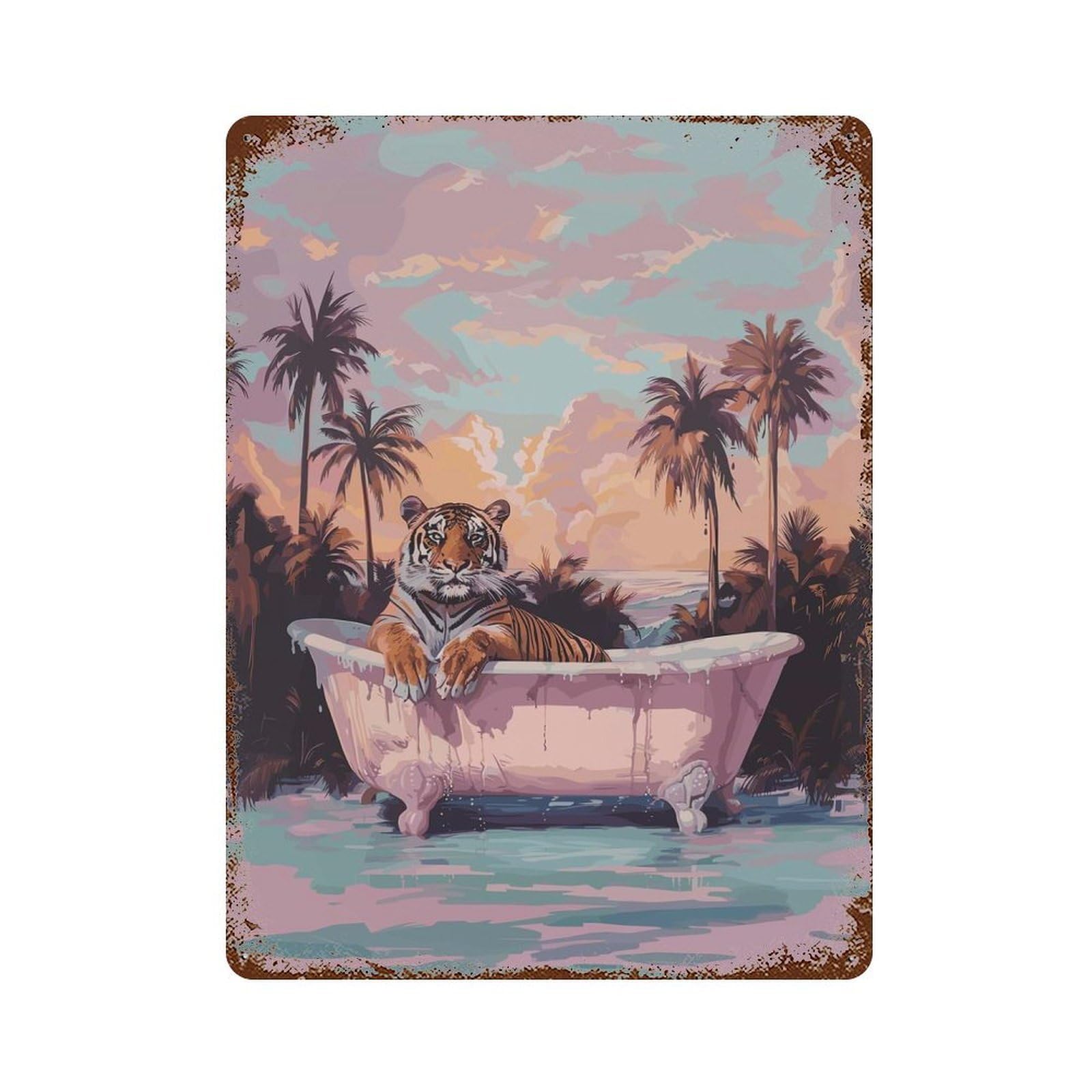 Distressed Metal Wall Sign Miami Tiger Having Bath 15.7"x11.8", Vintage Wall Decor for Garage, Bar And Workshop Decor