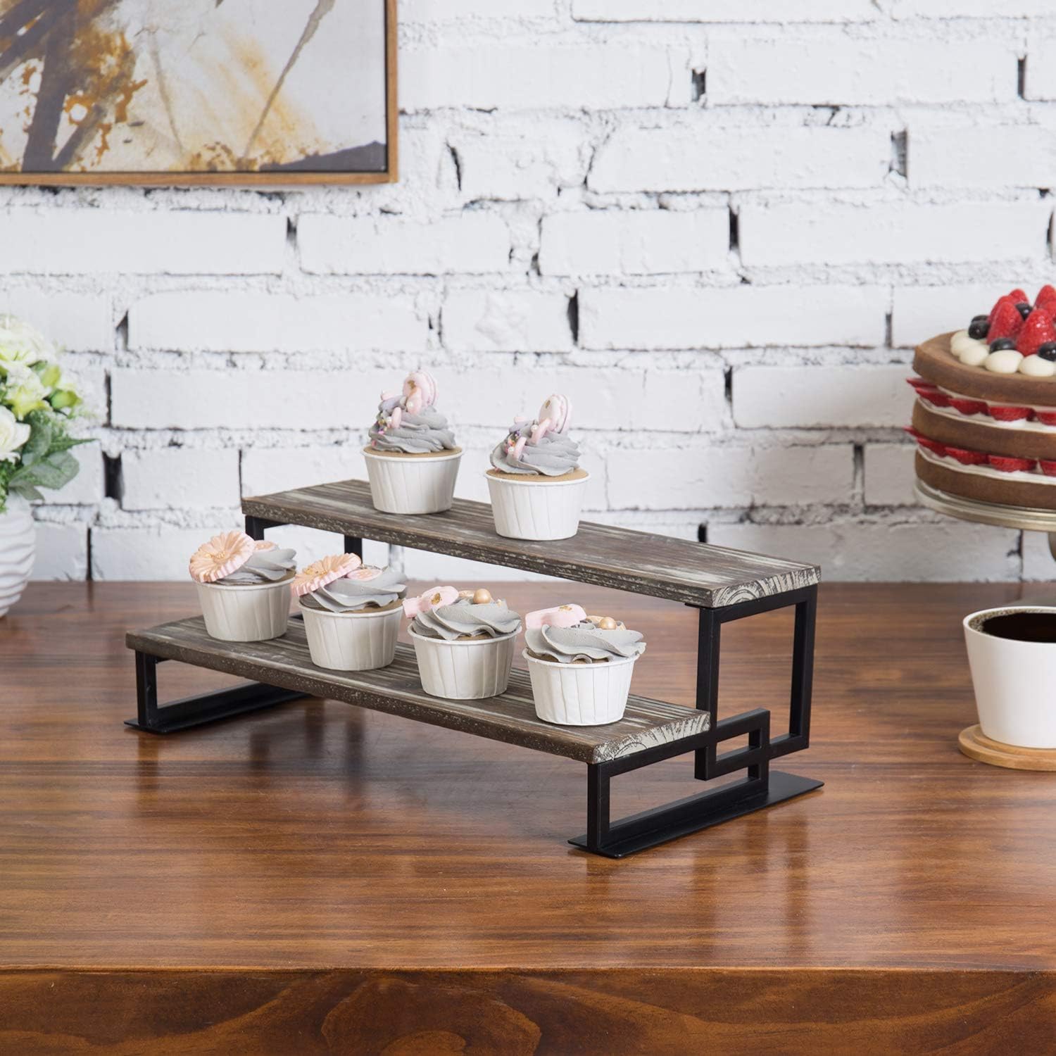 MyGift 2-Tier Torched Wood and Metal Dessert Display Riser