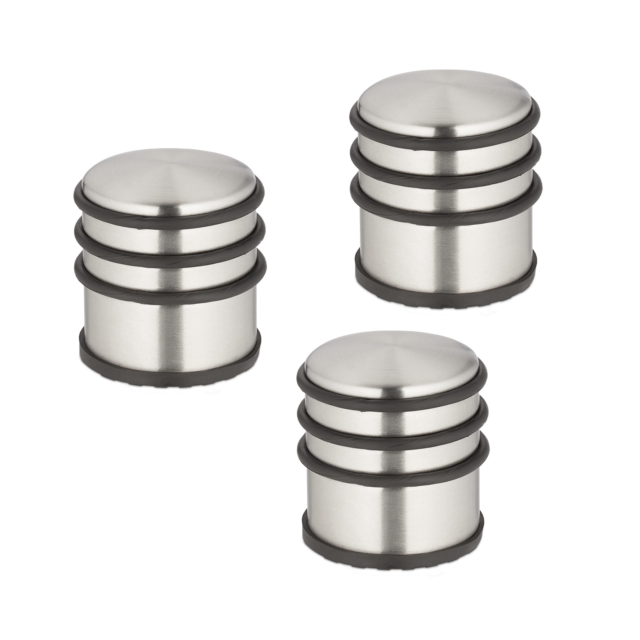 Relaxdays Set of 3 Door Bumpers, Stainless Steel, Hxdiameter : 7.5 x 7 cm, High & Heavy, Non-slip, Slamming Brakes, Silver/Black