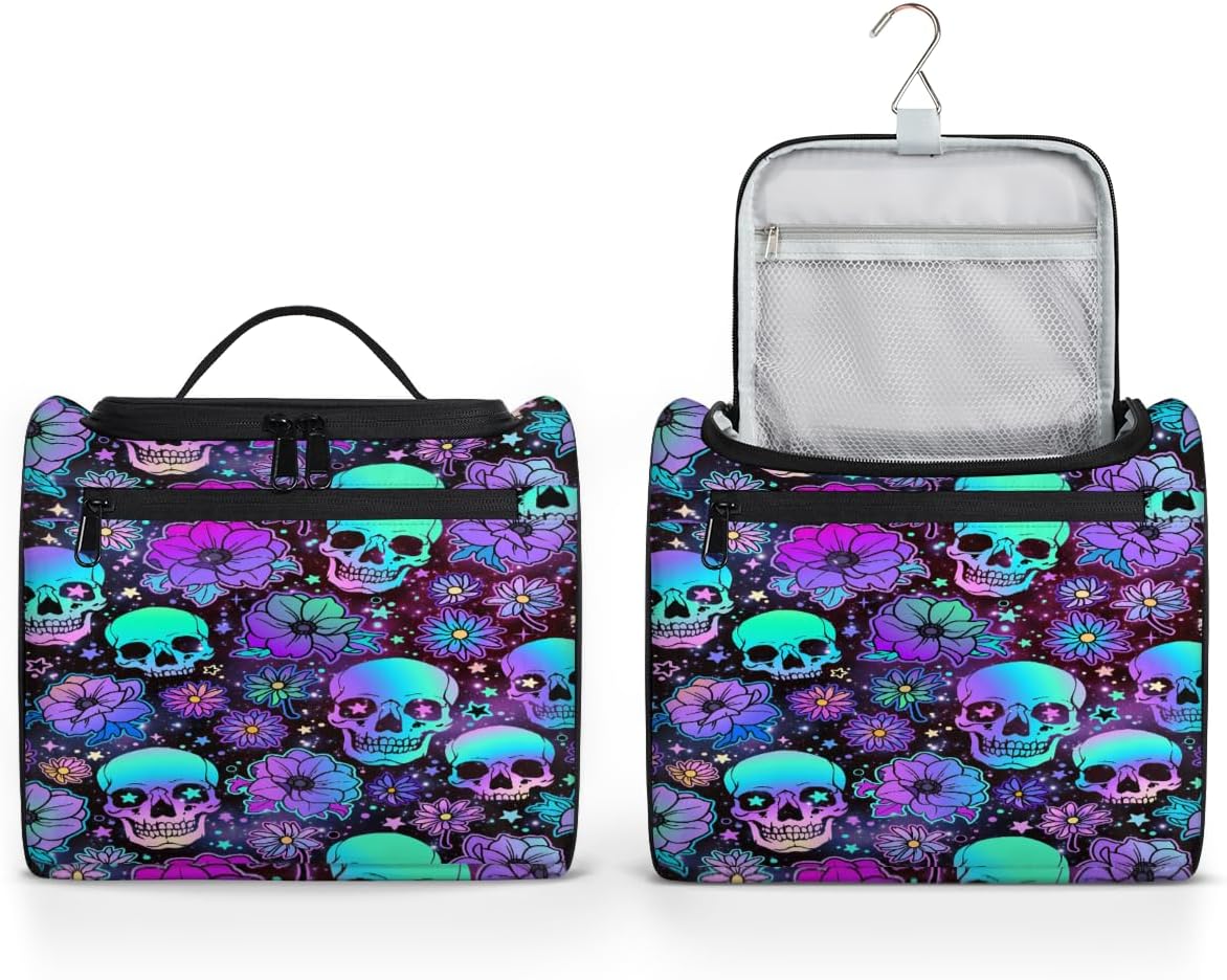 Toiletry Bag for Women, Colorful Skull Flower Universe Hanging Travel Toiletry Bag, Water-resistant Cosmetic Makeup Organizer for Toiletries and Cosmetics, Bathroom Shower Bag with Handle and Hook