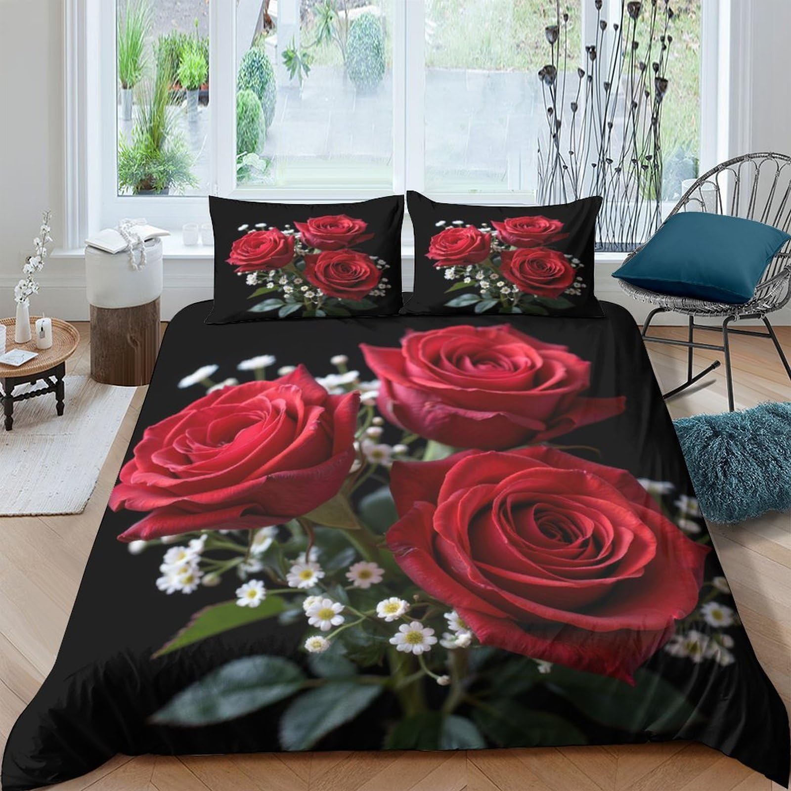 Ctjqhvkz Style-8 3D Printed Red Rose Fitted Sheet Microfiber Black Floral Bed Sheet For Bedroom Guest Room Dustproof Machine Washable Single（135X200cm）