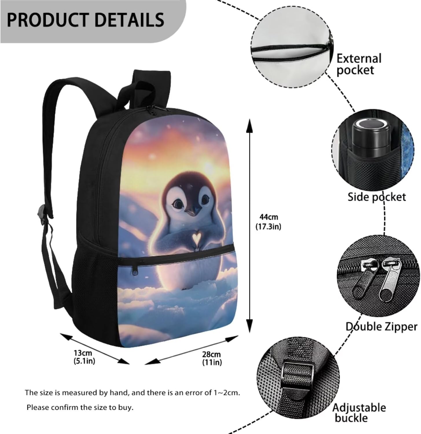 Penguin Backpack with Lunch Box for Girls Cute School Bag for Kids and Lunch Bag Water Bottle Holder Pencil Case Ages 8-12 Book Bags Lunchbox Set 4-in-1 Back to School Backpacks