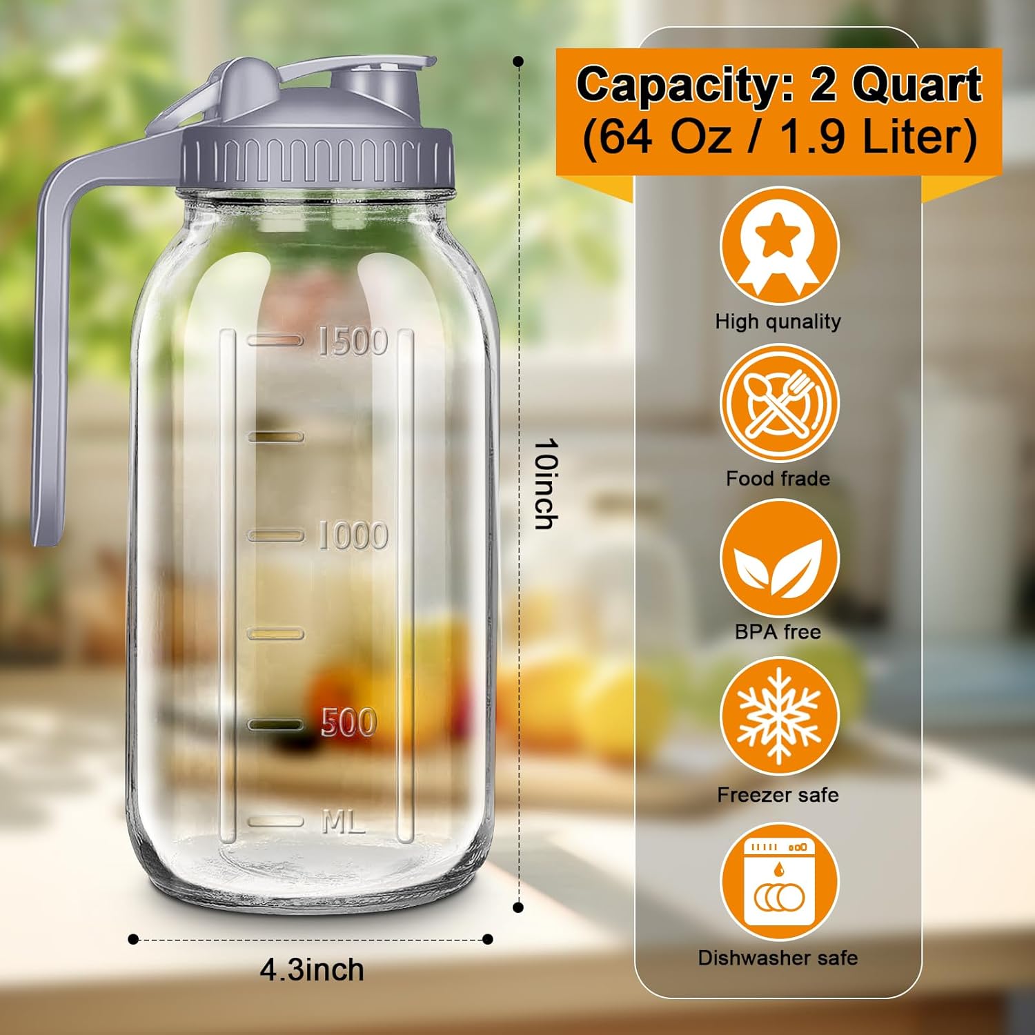 64oz Glass Pitcher with Lid, 2 Quart Mason Jar Pitchers with Lid and Spout, Wide Mouth Breast Milk Pitcher Glass Jug Sun Tea Pitchers, Cold Brew Coffee pitcher, Fridge Container for Water, Juice, Tea - Image 2