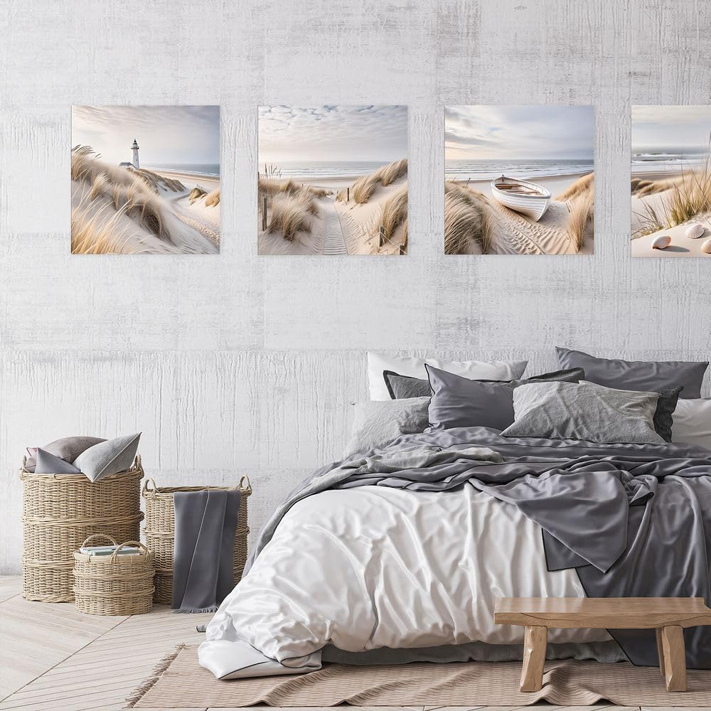 artissimo Bild aus Glas 50x50 cm Strand und Meer Leuchtturm Dünen AG5566A – modernes Glasbild Wandbild Quadratisch, Wanddeko Wohnzimmer, beige, maritim skandinavisch