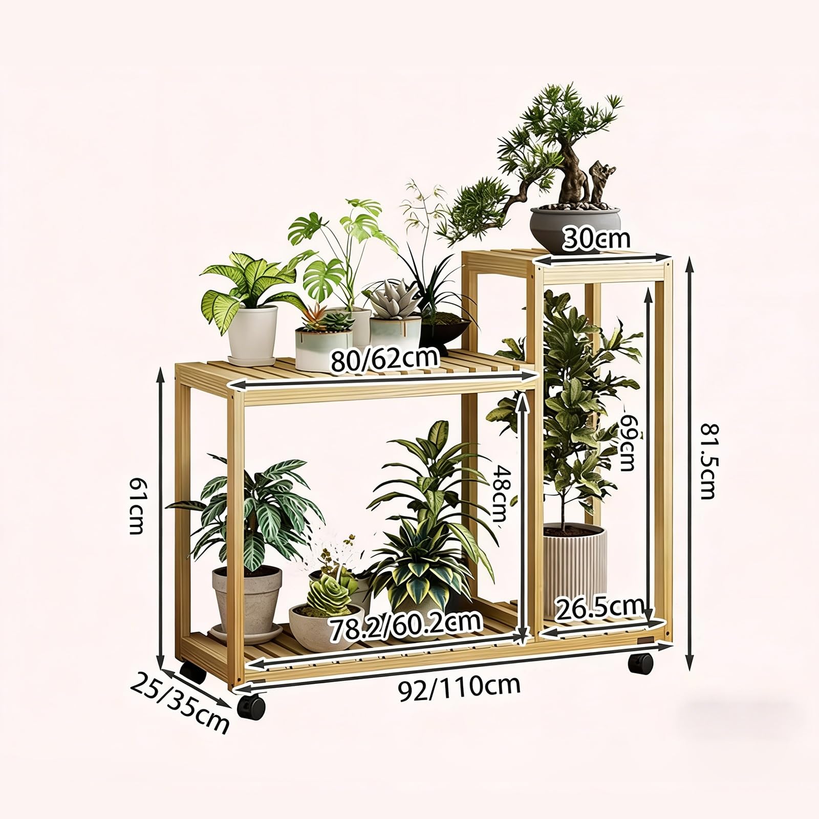 Supporto per Piante multilivello in Legno massello con Ruote. Scaffalatura Versatile per Interni ed Esterni, Ideale per soggiorni, balconi, Giardini e camere da Letto. Elegante por
