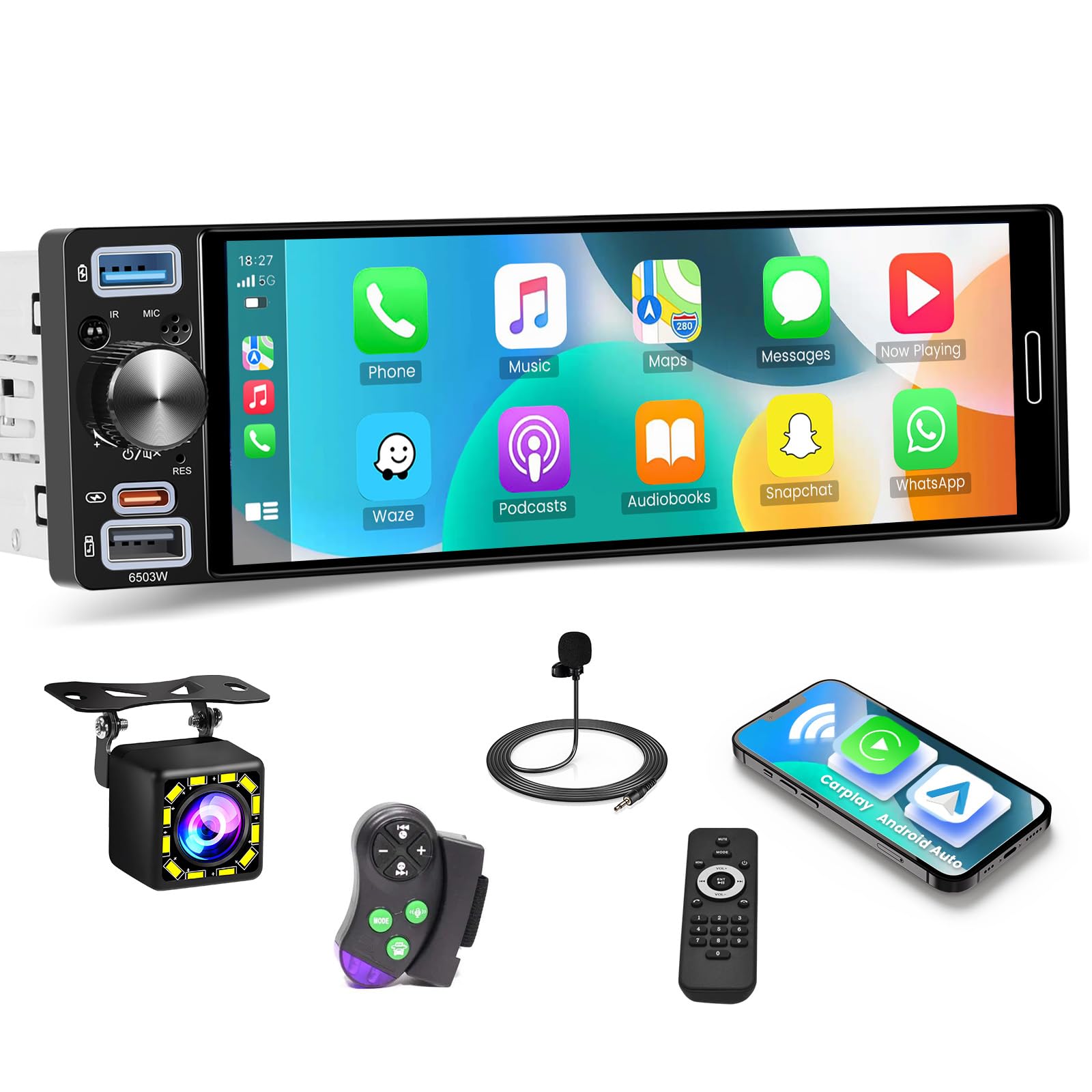 Roinvou Autoradio 1DIN Carplay Android Auto, 6.5'' IPS Incell Touch | Bluetooth con Retroilluminazione Colorata, EQ AM/FM/RDS, Porte USB/Type-C, Telecamera Retro, Vivavoce, Nero