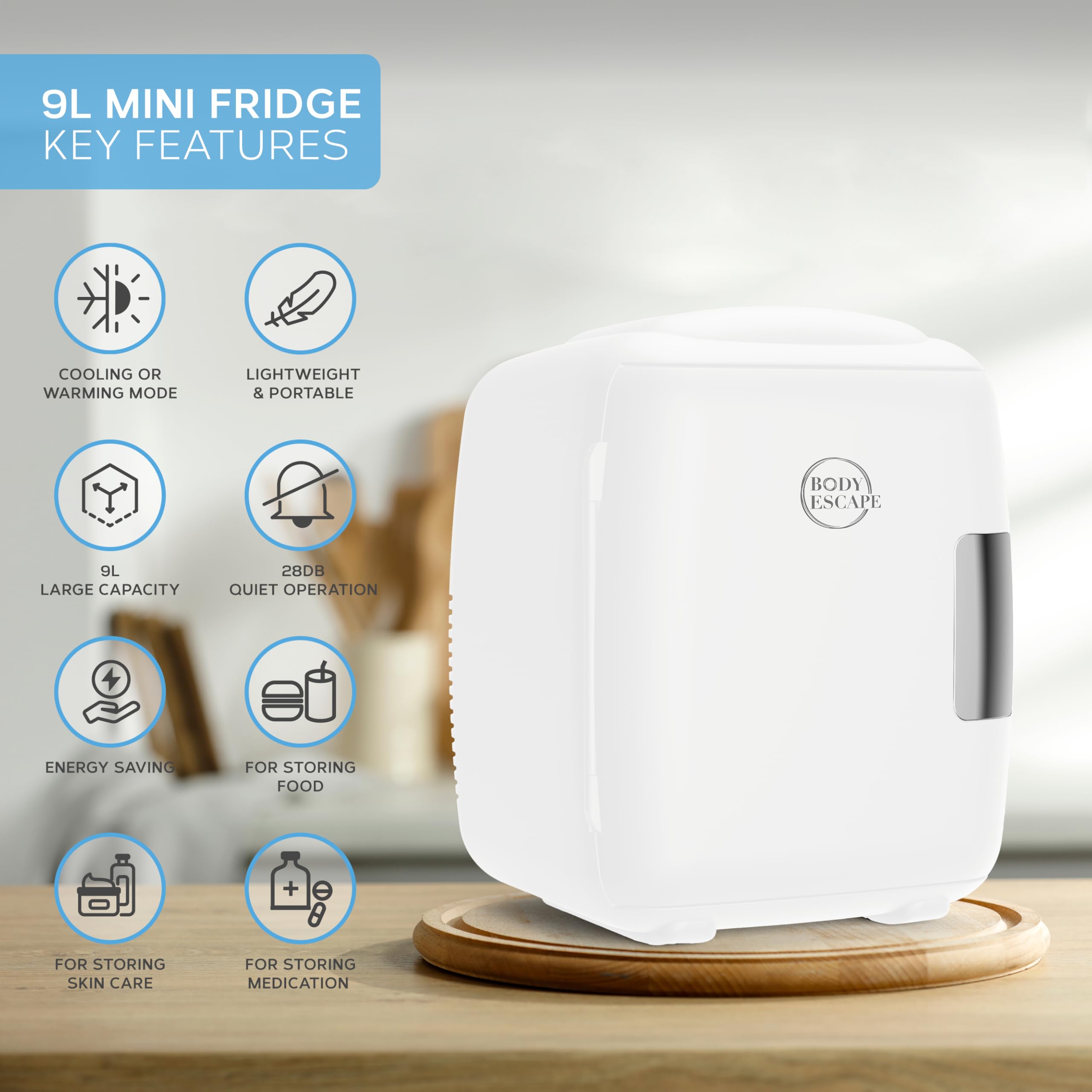 Body Escape Mini Beauty Fridge for Skincare - Birthday Gifts for Her - Retro, Portable, Compact and Quiet Small Fridge for Makeup - 9L - White Mono