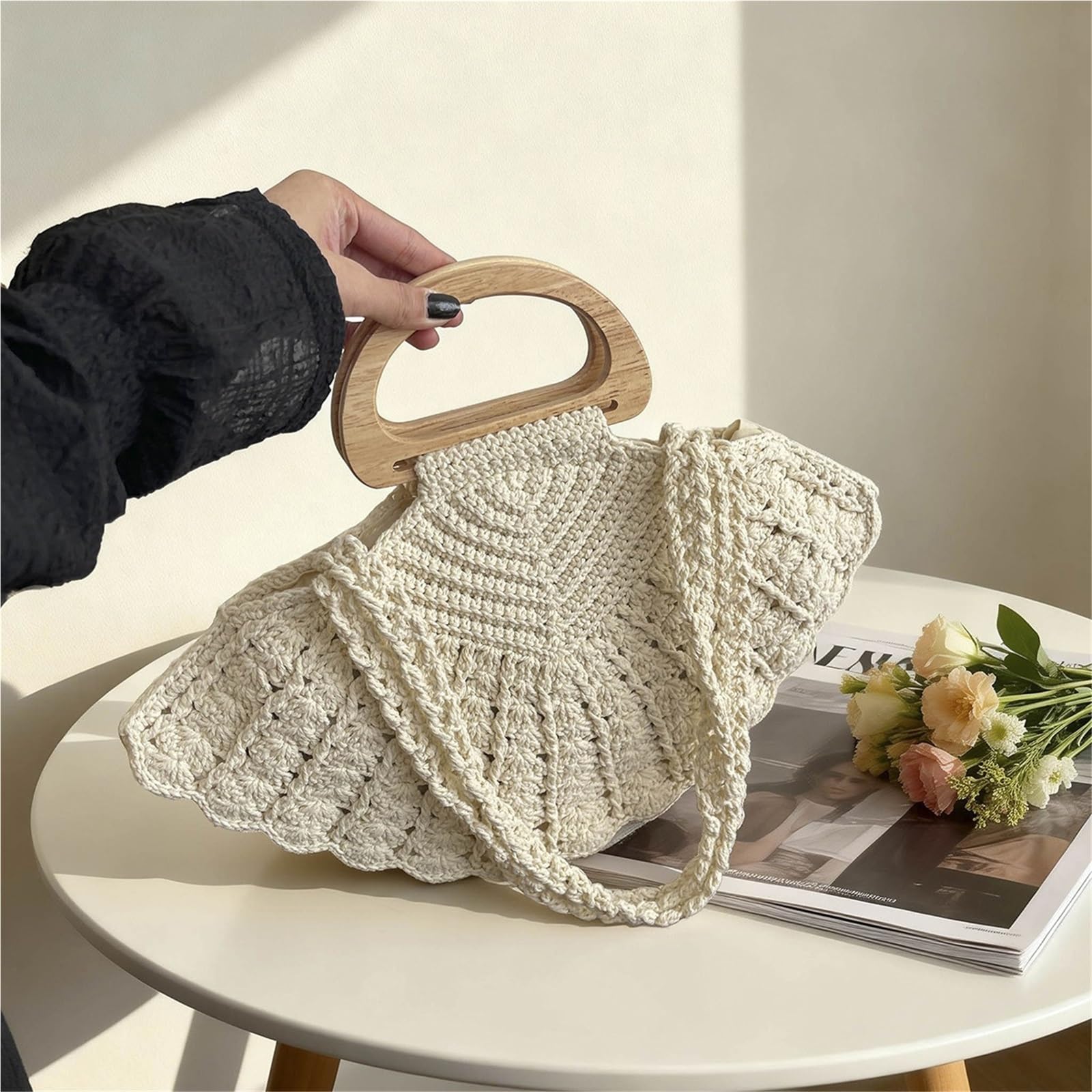 bolso mujer verano Bolso tejido de paja verano for mujer, bolso mano con asa superior madera, bandolera Retro bohemia