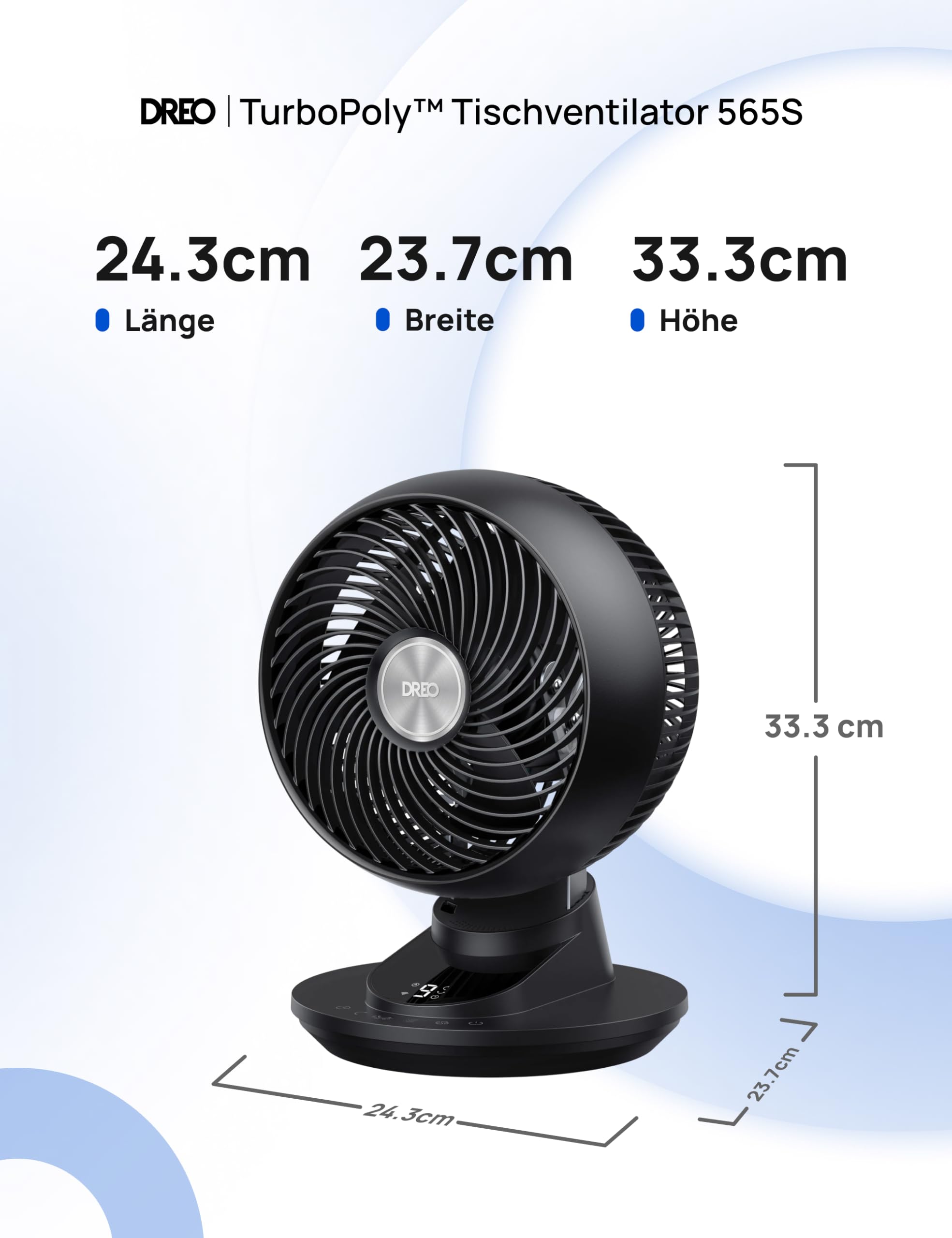 DREO 3D Tischventilator, leise 22 dB, 8,8 m/s starker Luftstrom, 90° Oszillation, App & Sprachsteuerung, 9 Stufen, 8/12h Timer