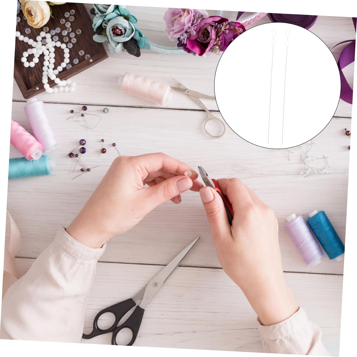 TEHAUX 2pcs Stainless Beading Needles Embroidery Needle Threaders Punch Threaders DIY Handmade Sewing Beading Embroidery Tools