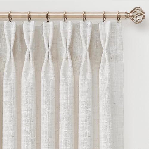 INOVADAY Memory Trained Pinch Pleated Curtains 90 Inches Long, Linen Curtains for Living Room, 2 Panel Set Pinch Pleated Drapes with Hooks, Light Filtering Window Treatment, 40" W x 90" L, Beige White