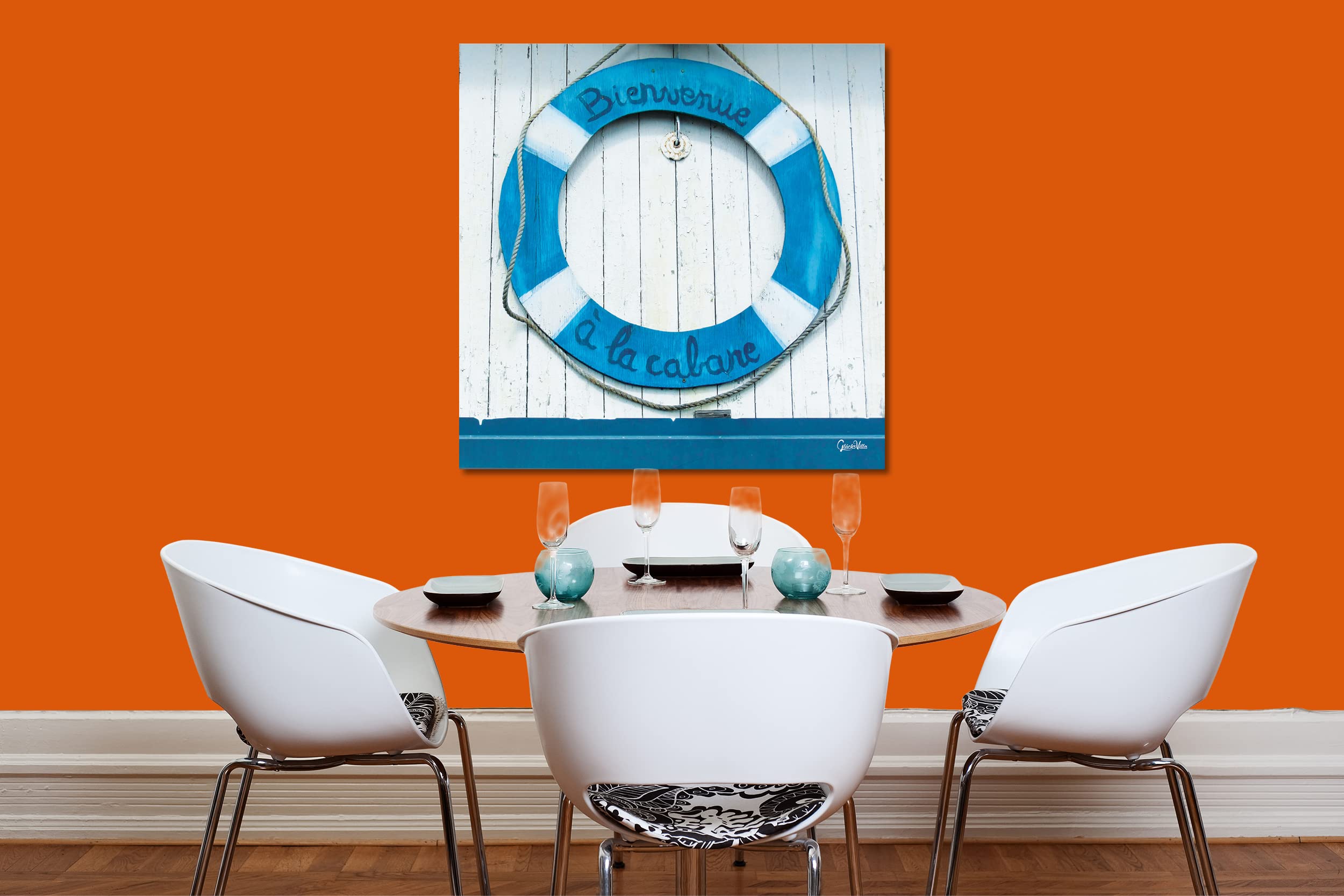 Glücksvilla - Bienvenue - (Leinwand-Bild 2 cm, 100 x 100 cm) | div. Maße - aus DE - Kunstdruck XXL Deko Wandbild Quadrat - Rettungsring Frankreich Fischer-Hütte maritim